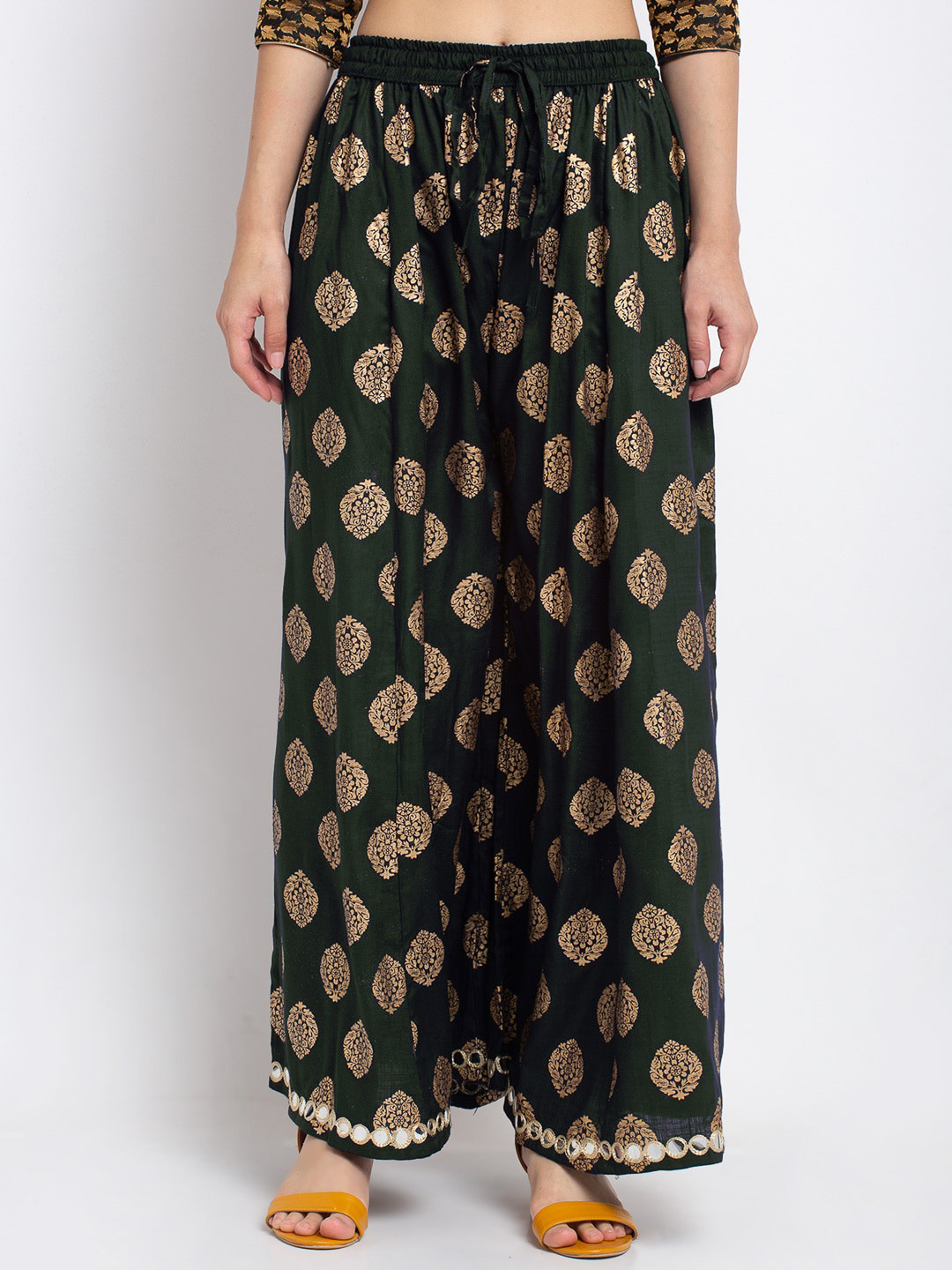 Trend Level Women Green & Gold-Toned Ethnic Motifs Embellished Flared Knitted Palazzos