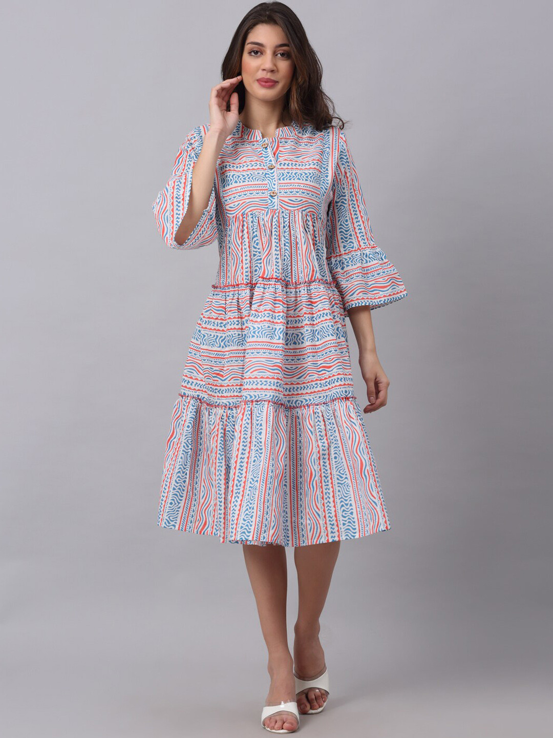 Kamayra Geometric Printed Mandarin Collar Bell Sleeve Cotton Fit & Flare Dress