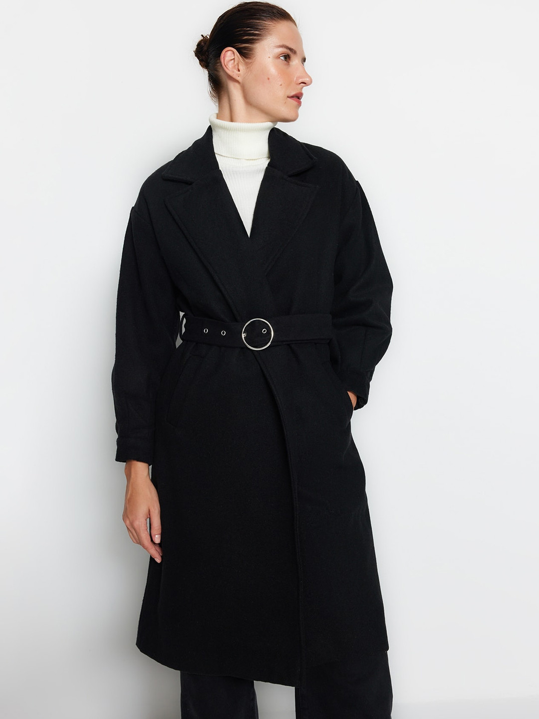 Trendyol Notched Lapel Long Sleeve Tie-Ups Single Breasted Wrap Coat