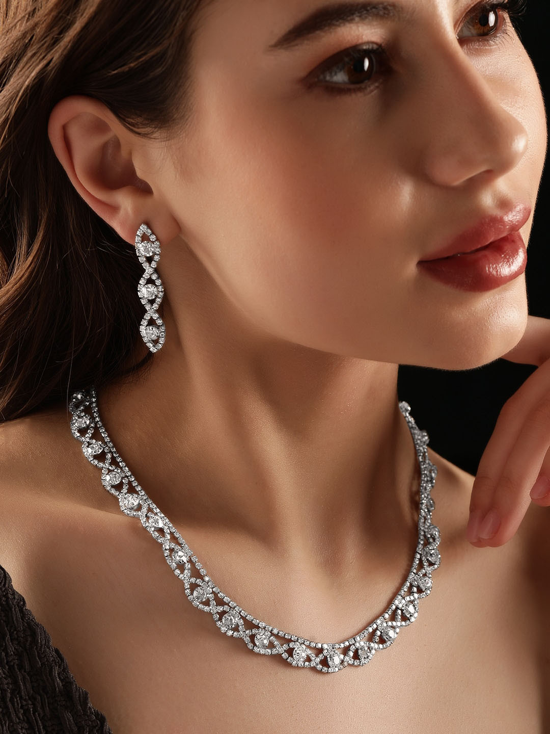 Rubans Rhodium Plated in Silver Tone Crystal & Zirconia Studded Premium Jewellery  Set