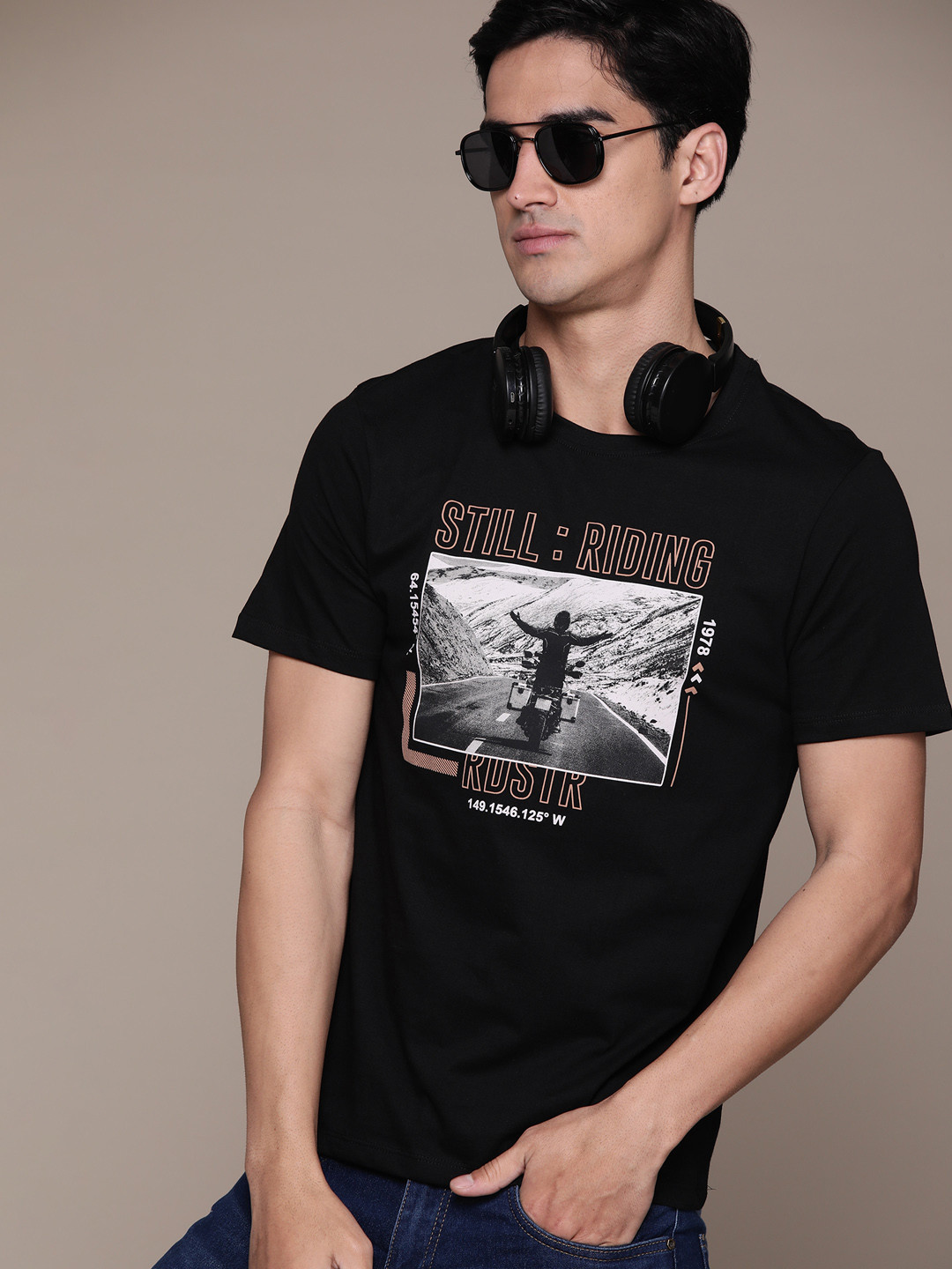 The Roadster Lifestyle Co. Biker Printed Pure Cotton T-shirt