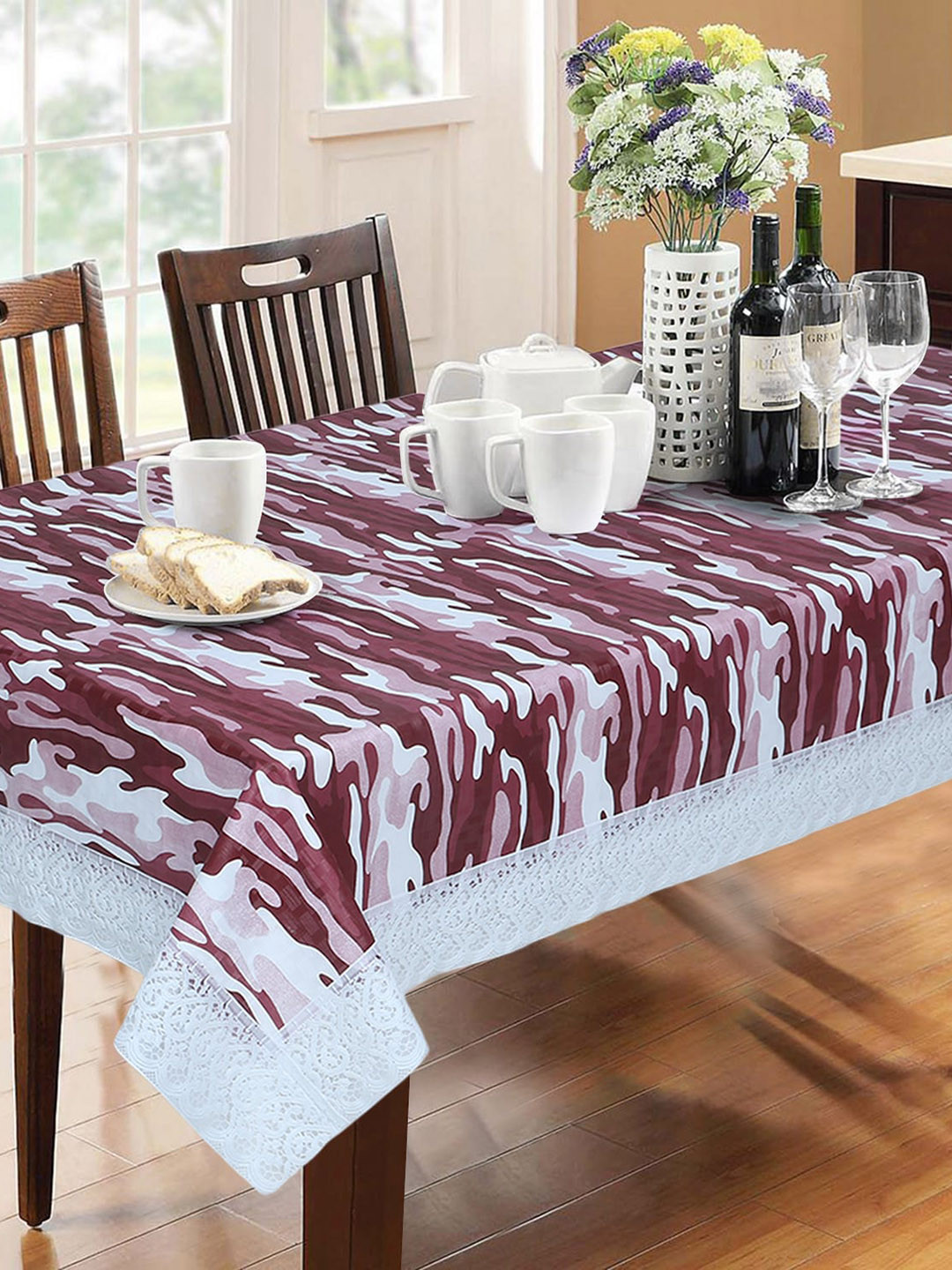 Dakshya Industries Rust-Coloured & White Army-Printed 6-Seater Table Cover