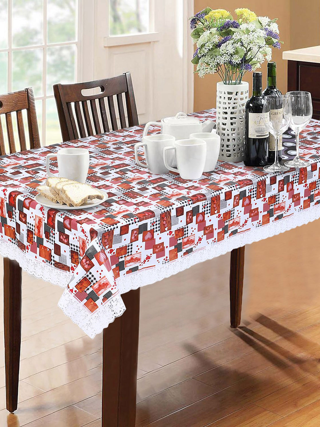 Dakshya Industries Red & White Printed 6-Seater Table Cover