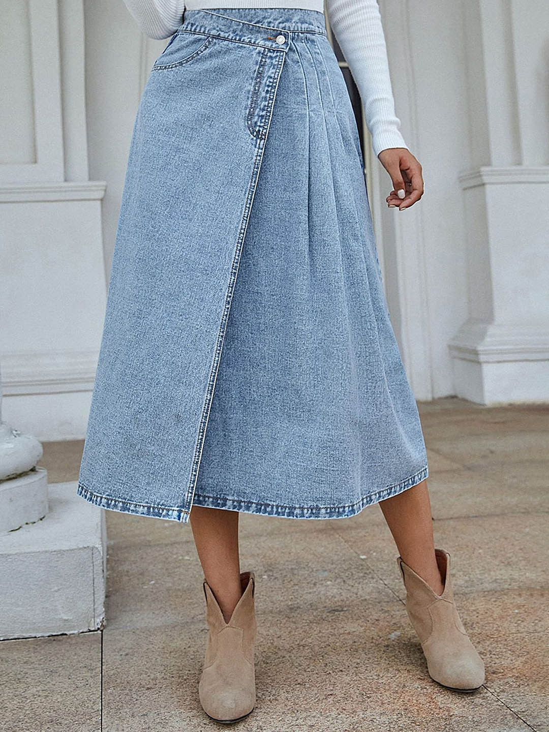 LULU & SKY Women High-Waist Denim Midi Skirt