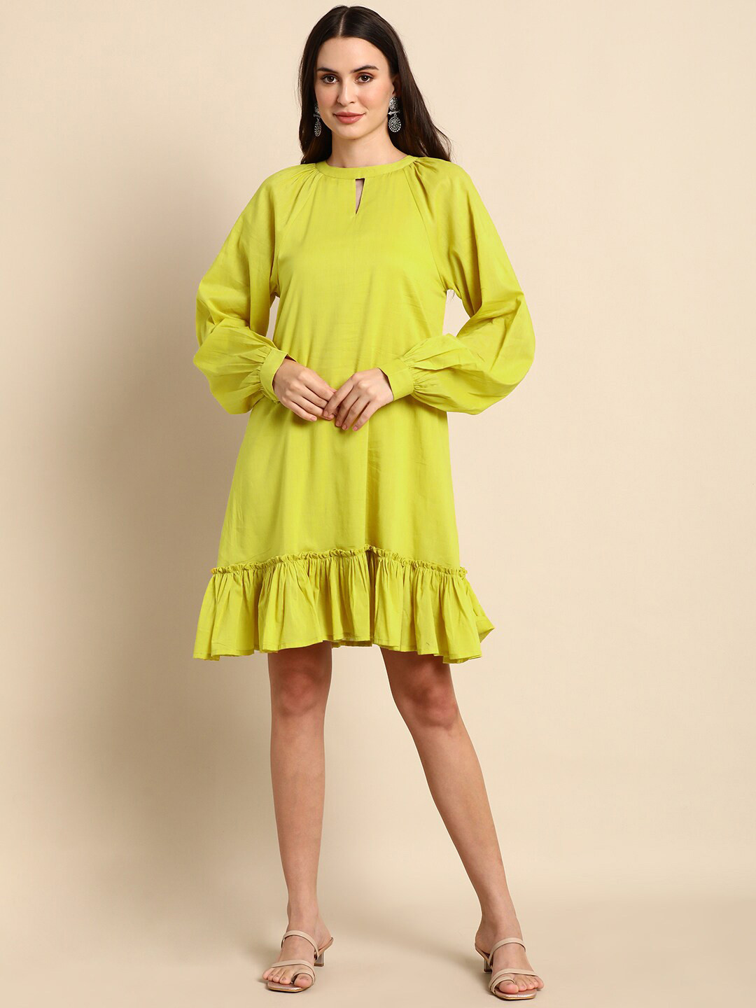 Janasya Key Hole Neck Puff Sleeve Cotton A-Line Knee Length Dress