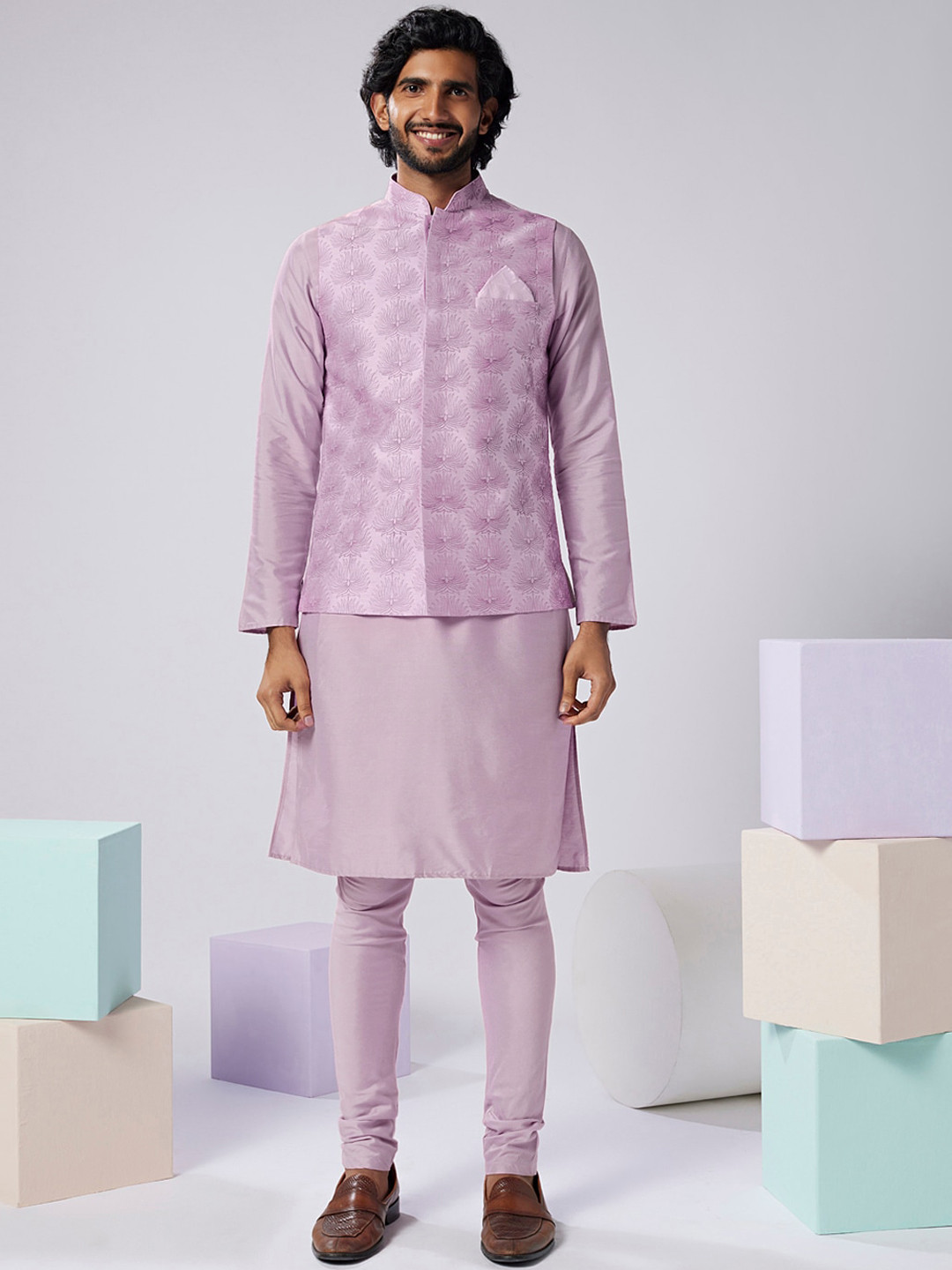 KISAH Men Embroidered Regular Fit Abstract Print Kurta Jacket Churidar Set