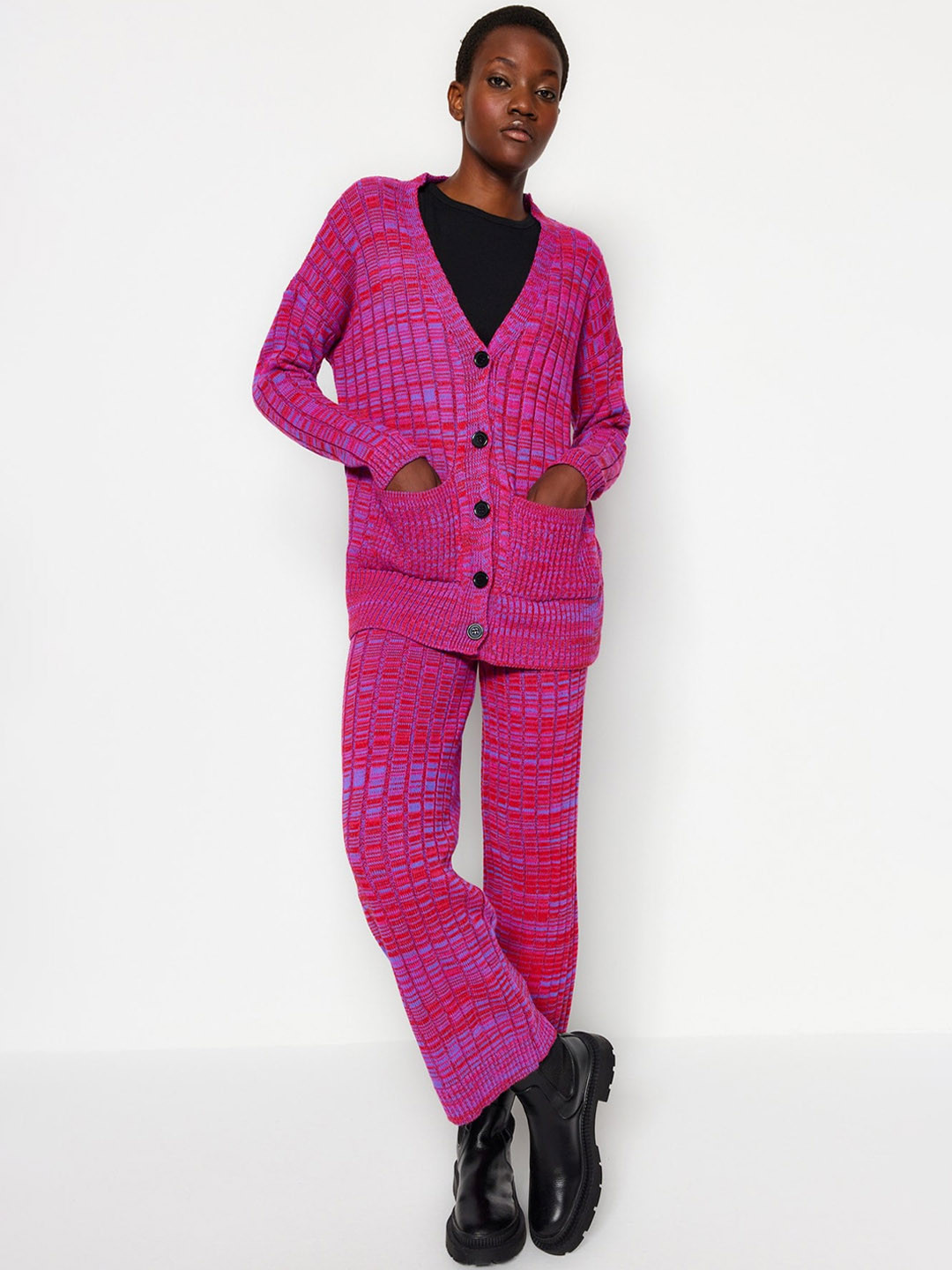 Trendyol Self-Design V-neck Sweater With Flared Trousers