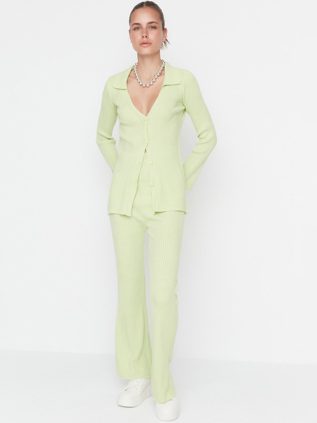 Trendyol Self-Design Shirt-Collar Top With Flared Trousers Acrylic Co-Ords