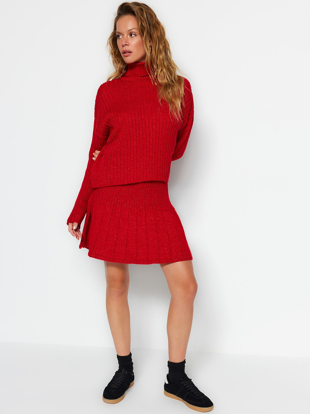 Trendyol Self-Design High-Neck Acrylic Top With Mini Skirt