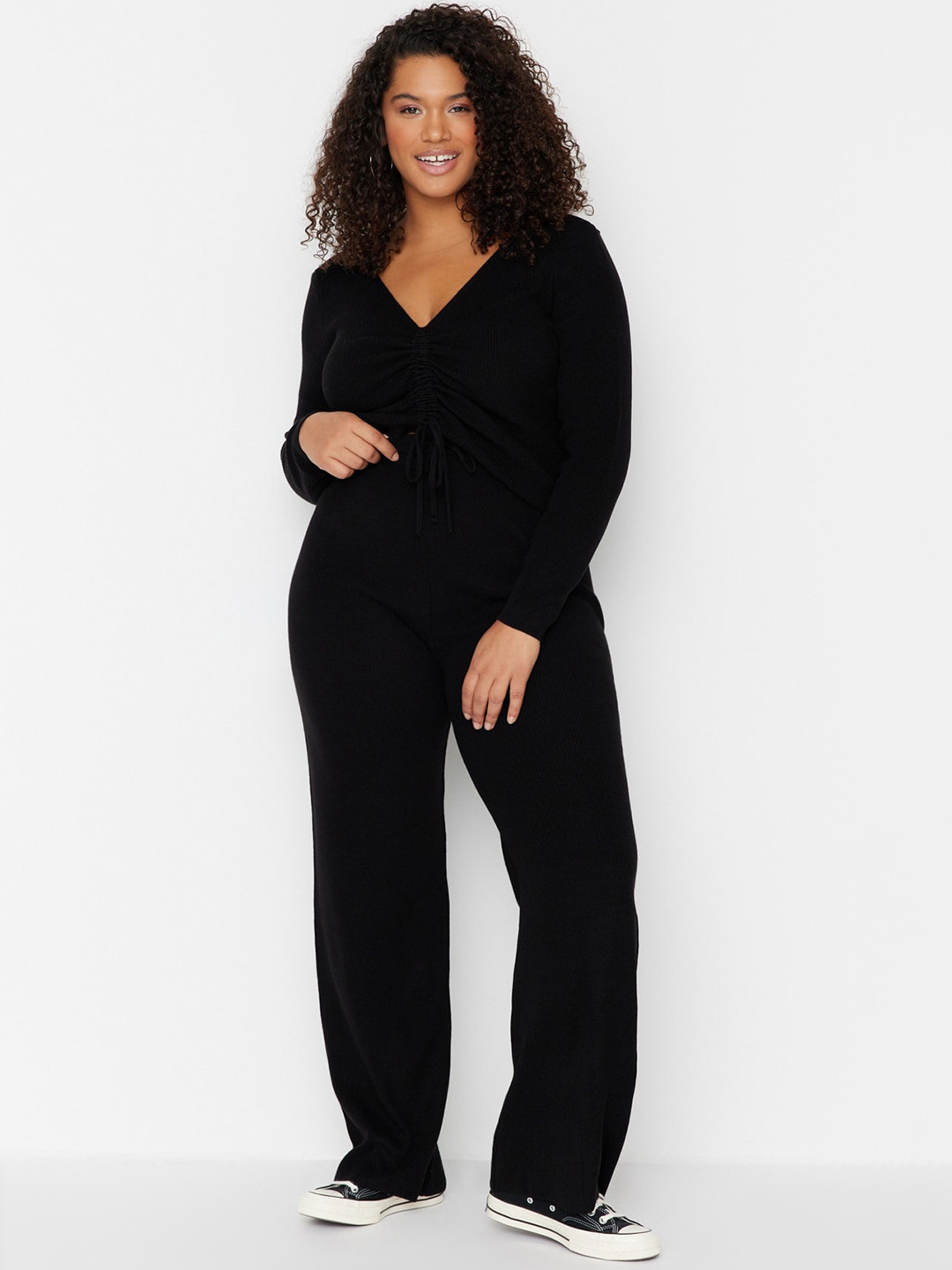 Trendyol Plus Size Ribbed Acrylic Ruched Top With Trousers