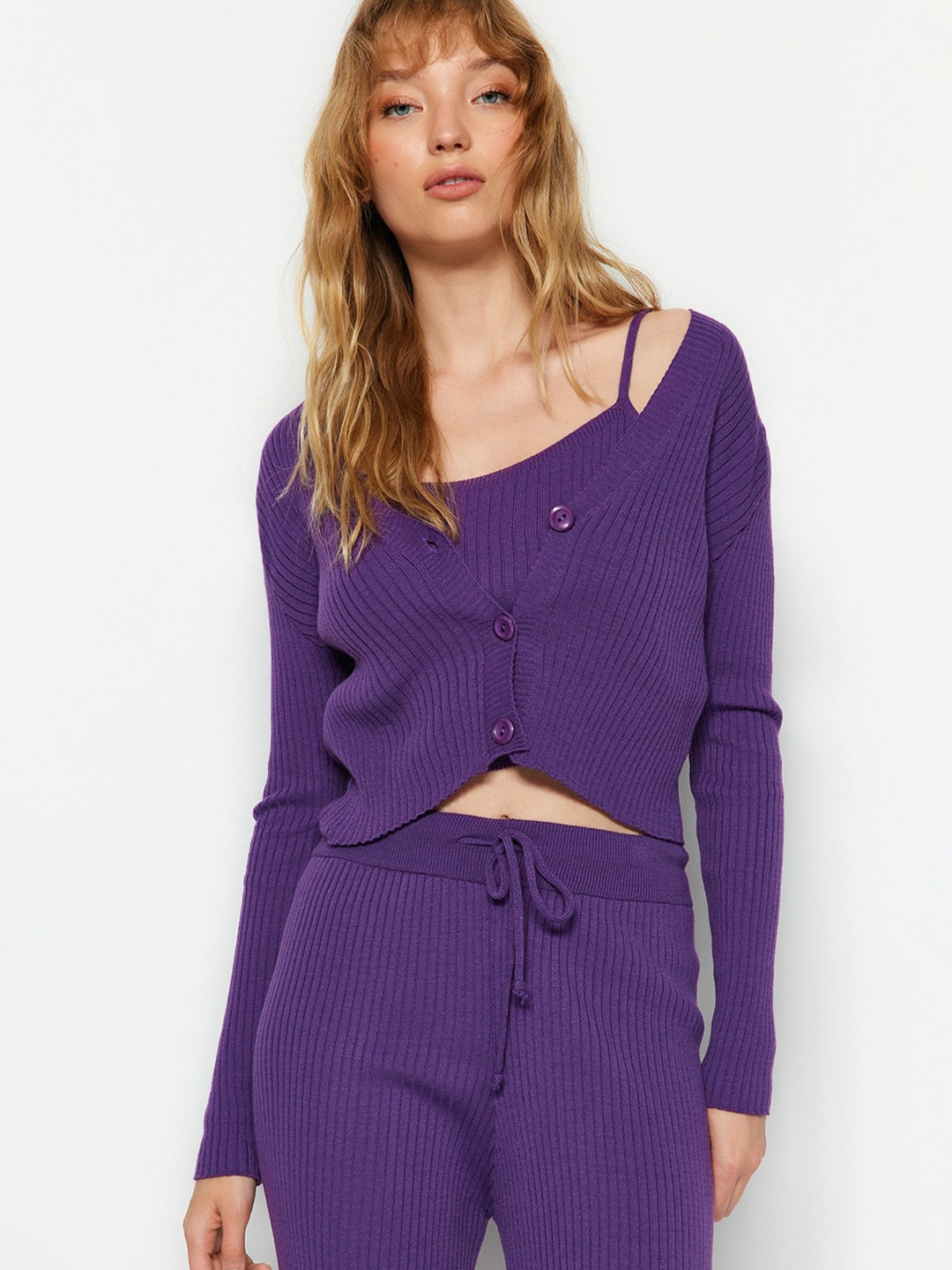 Trendyol Ribbed Acrylic Top & Jacket With Straight Trouser