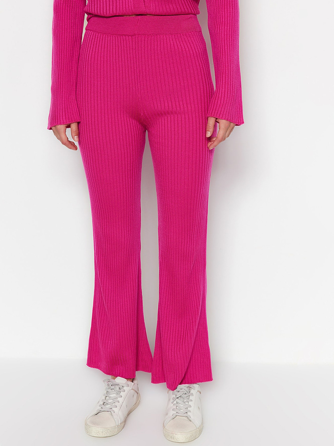Trendyol Self Design Shirt Collar Acrylic Top With Trousers Co-Ords