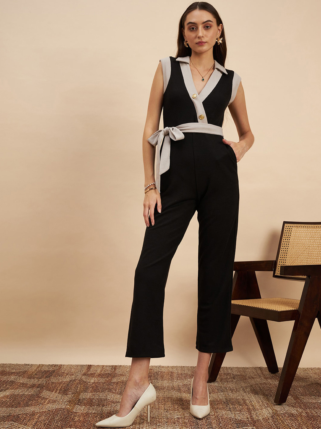KASSUALLY Black & Grey Shirt Collar Sleeveless Waist Tie-Up Basic Jumpsuit