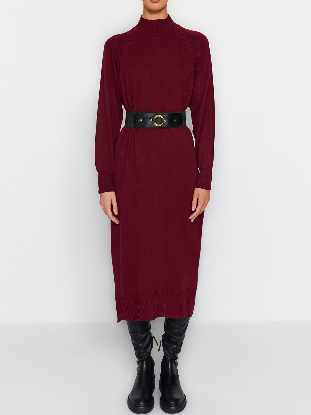 Trendyol Self Design High Neck Cuffed Sleeves Acrylic Midi A-Line Dress