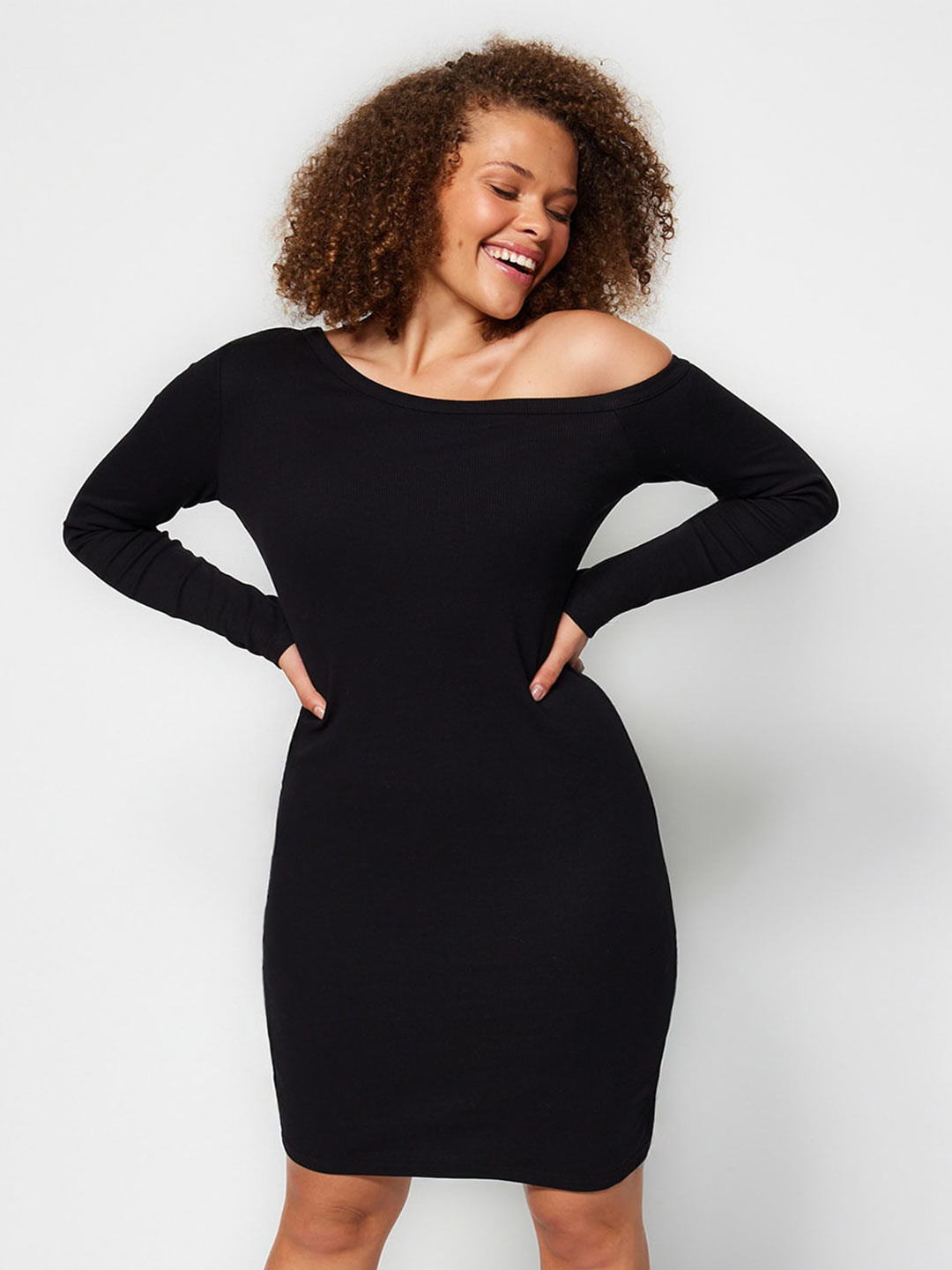 Trendyol Plus Size One Shoulder Cotton Bodycon Dress