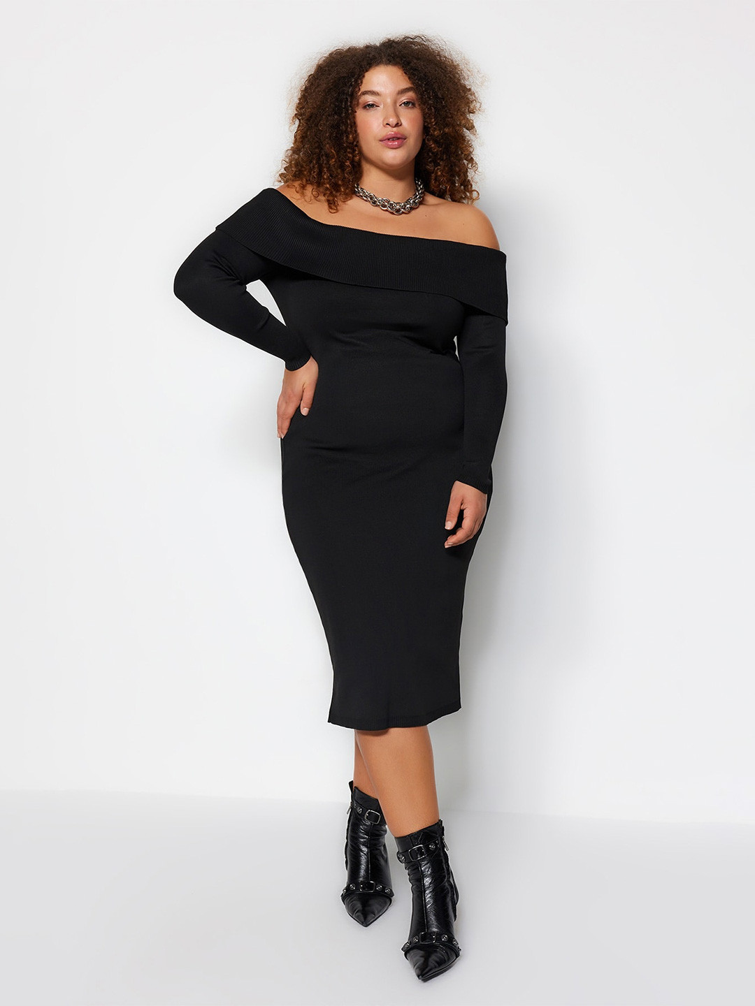 Trendyol Off-Shoulder PU Coated Bodycon Dress