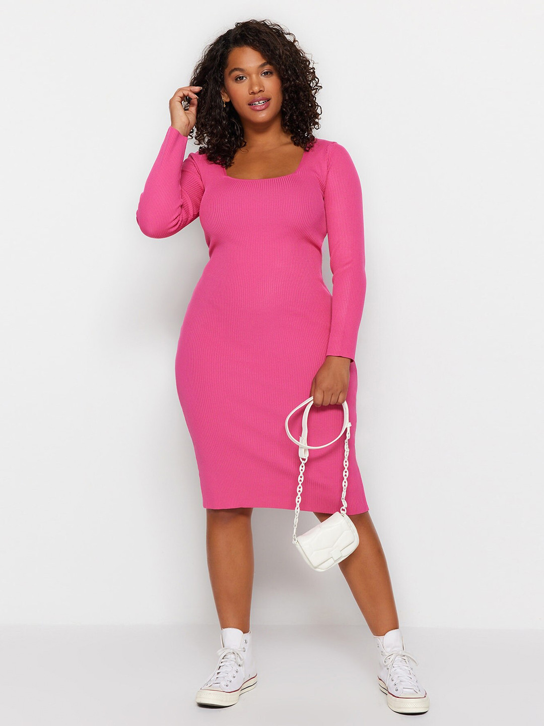 Trendyol Plus Size Square Neck Long Sleeves Bodycon Dress