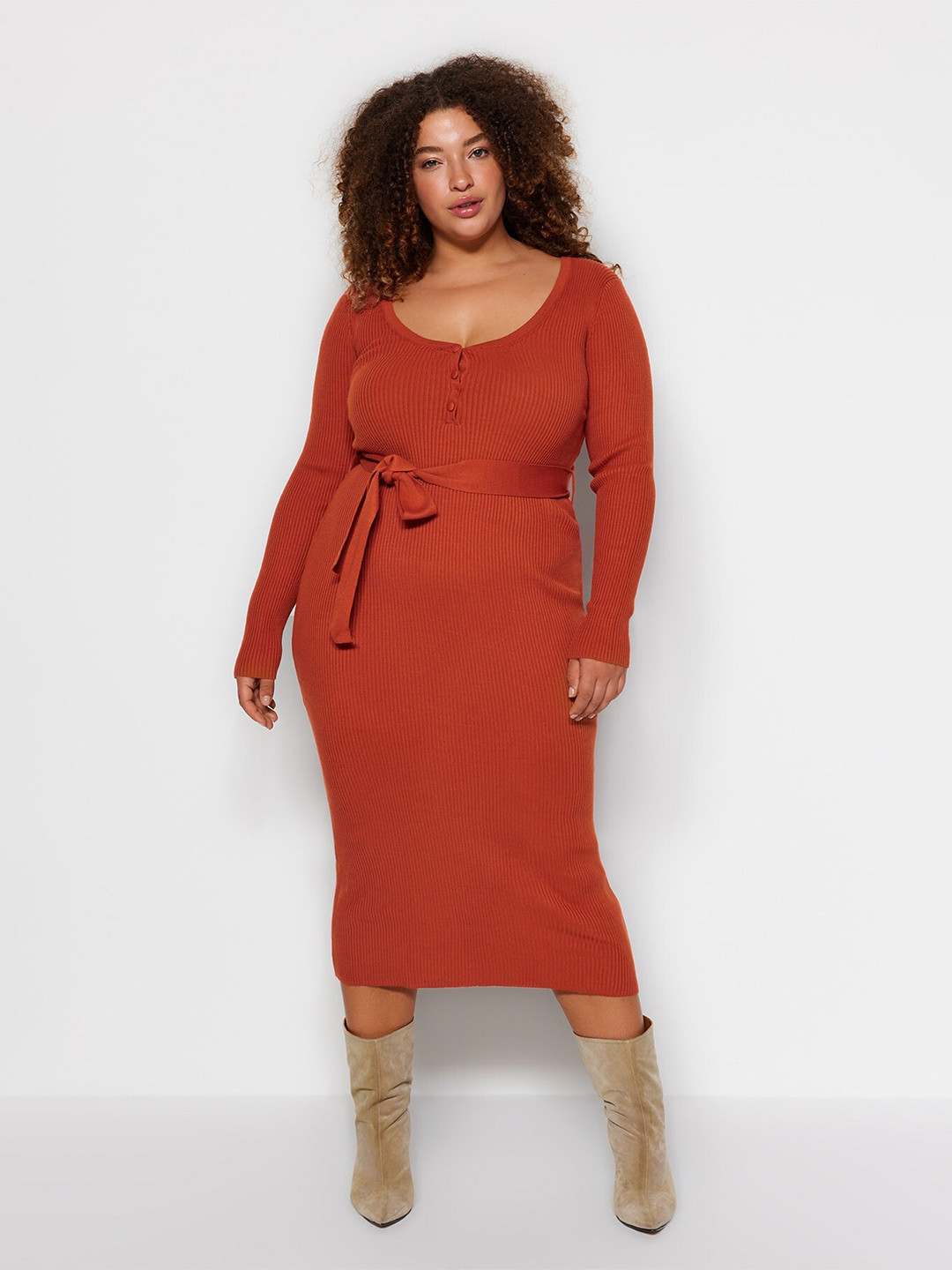 Trendyol Plus Size Ribbed Long Sleeves Acrylic Bodycon Midi Dress