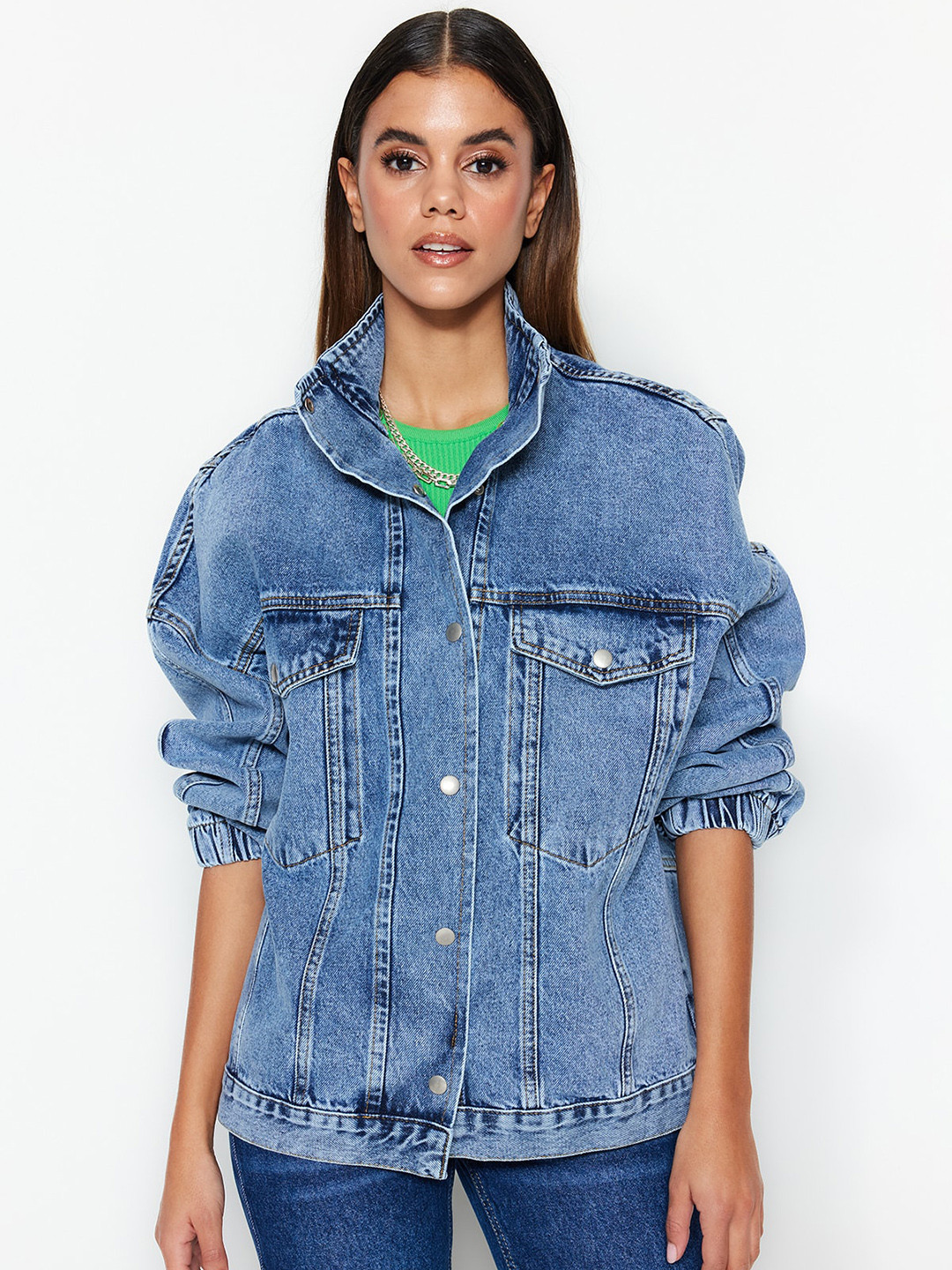 Trendyol Washed Studded Pure Cotton Denim Jacket