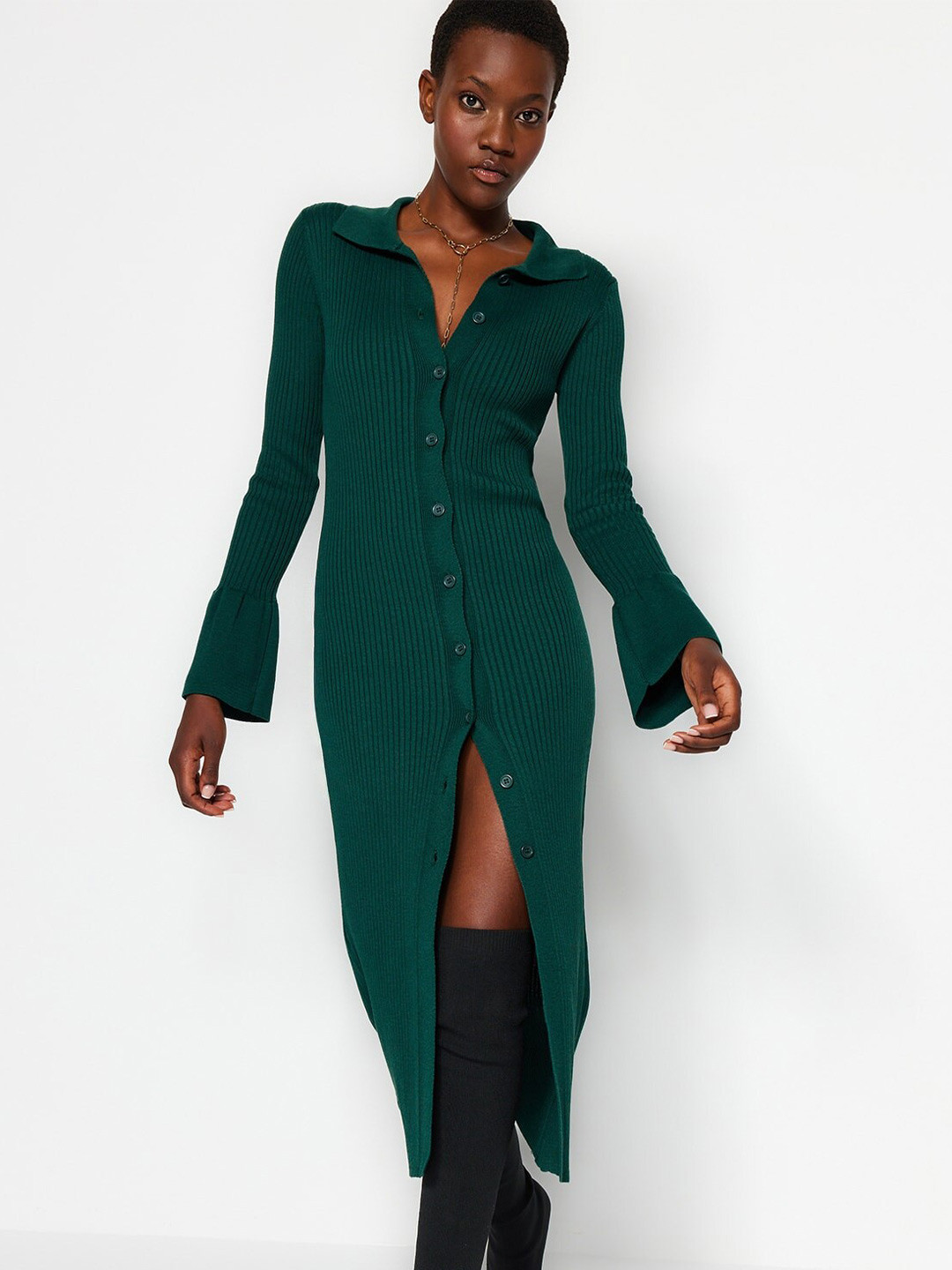 Trendyol Shirt Collar Bell Sleeve Self Design Dress
