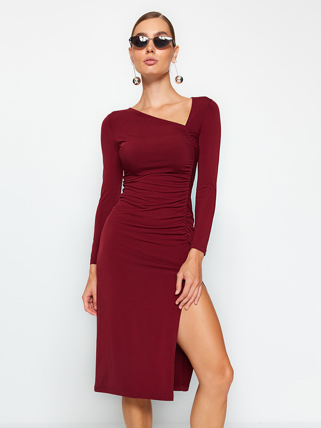 Trendyol Asymmetric Neck Long Sleeve Ruched Sheath Dress