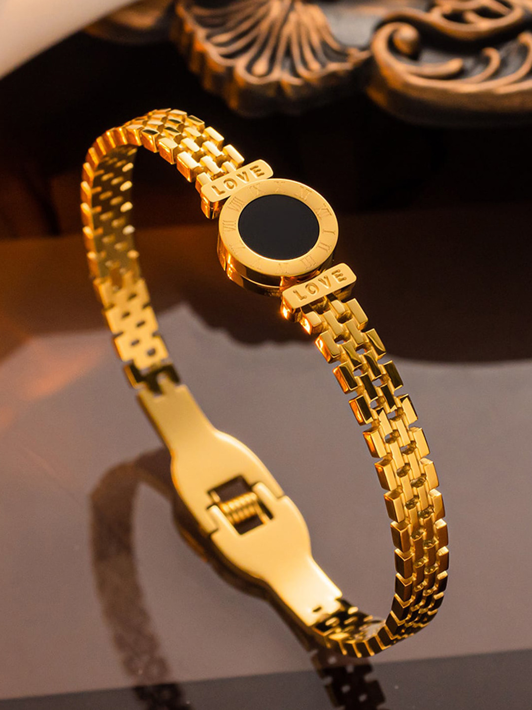 Jewels Galaxy Women Gold-Plated Roman Numerals Artificial Stone Bangle-Style Bracelet