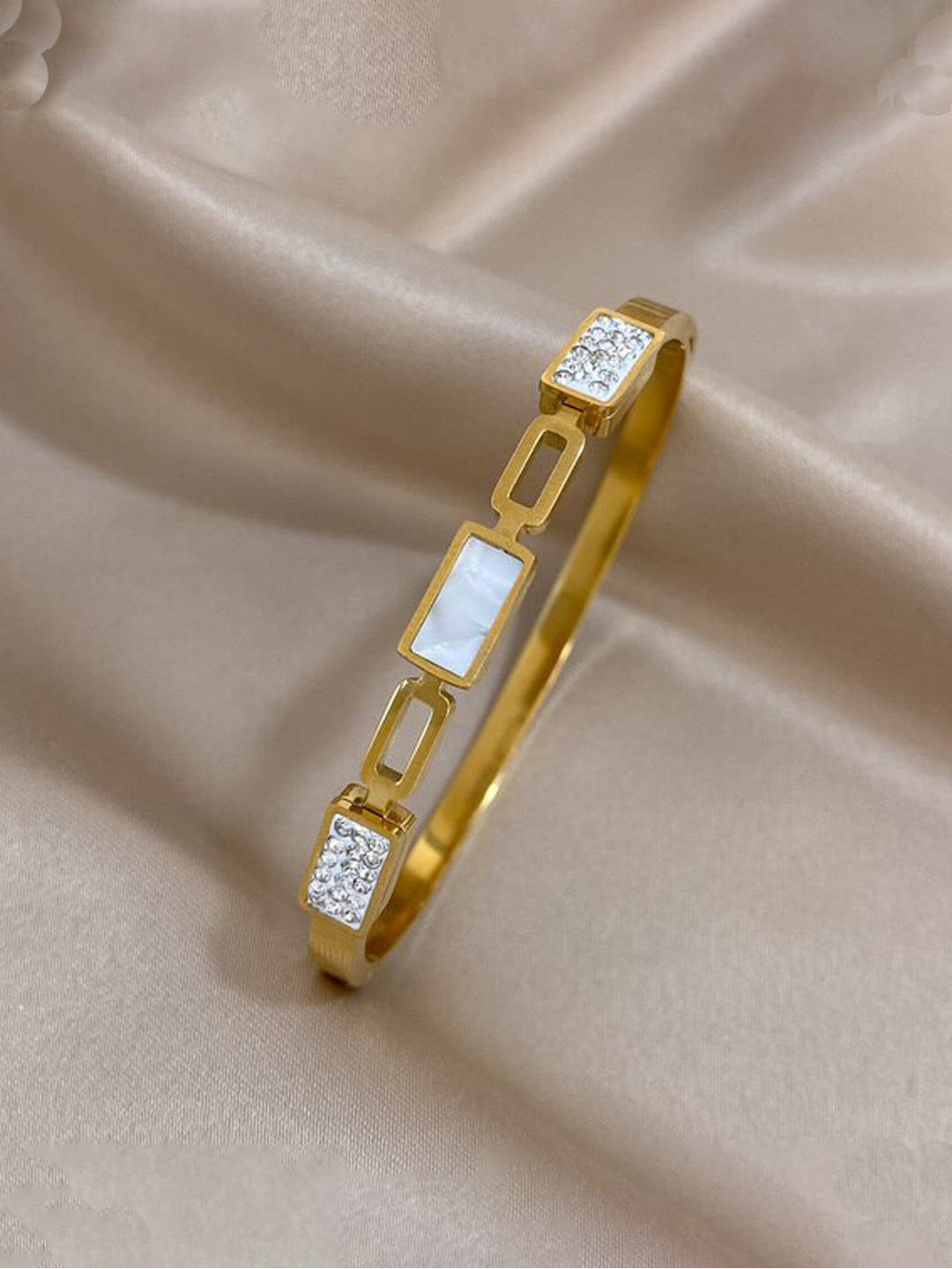 Jewels Galaxy Stainless Steel Mother of Pearl Gold Plated Bangle Style Bracelet