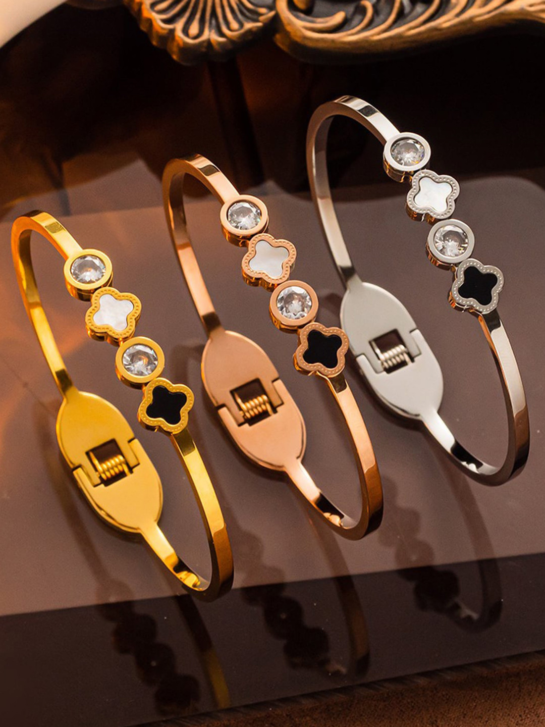 Designs & You Women 3 Rose Gold Mother of Pearl Bangle-Style Bracelet