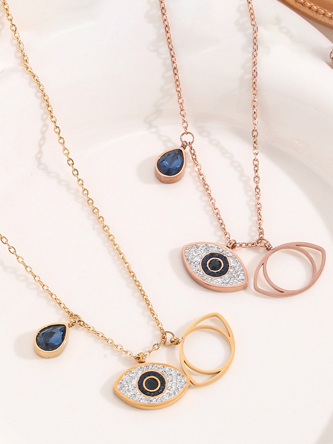 Designs & You Set Of 2 Gold-Plated & Rose Gold-Plated AD-studded Evil Eye Pendants & Chain