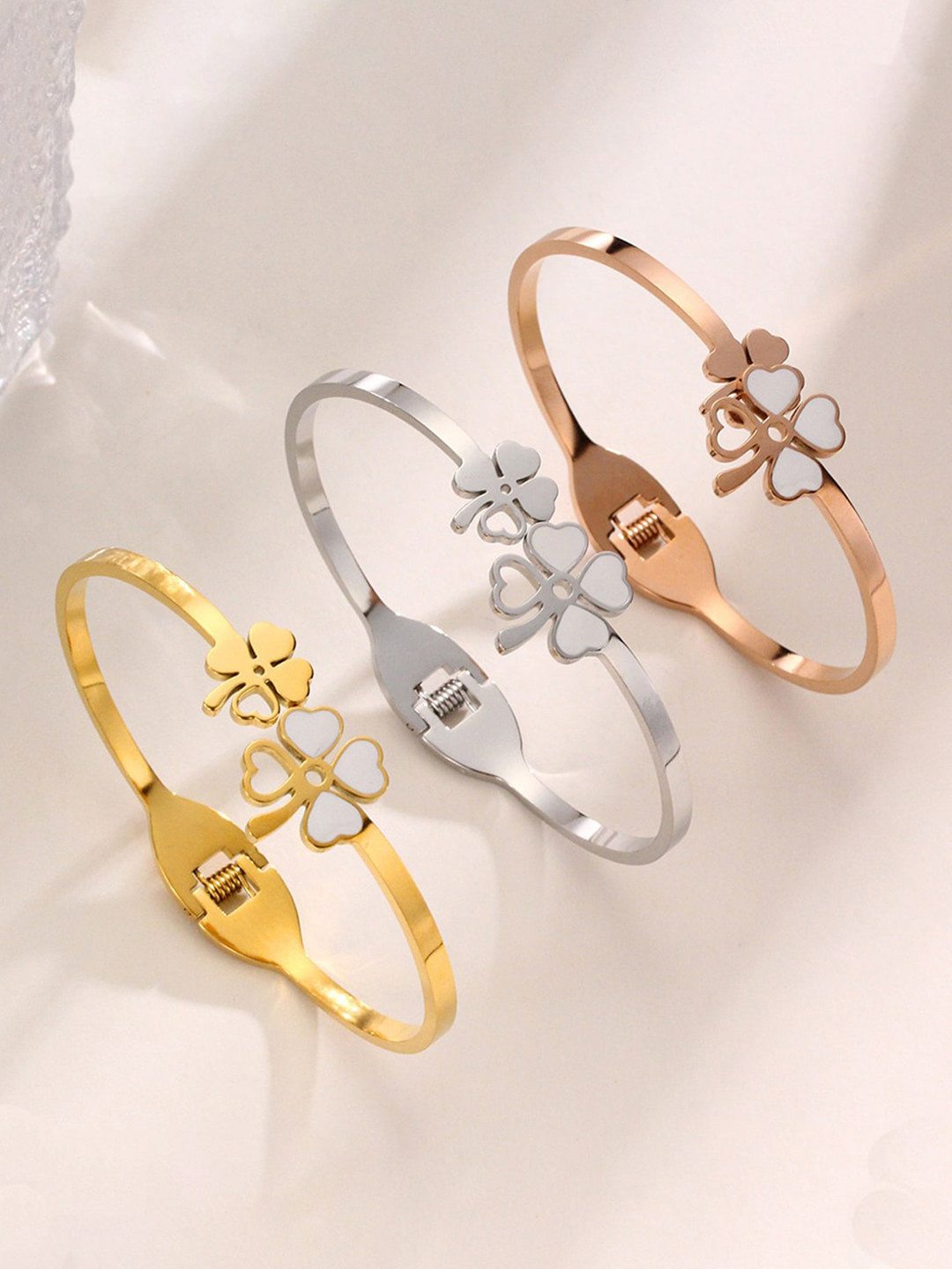 Designs & You Set of 3 Mother Of Pearls Dual Flower Openable Bangle-Style Bracelet