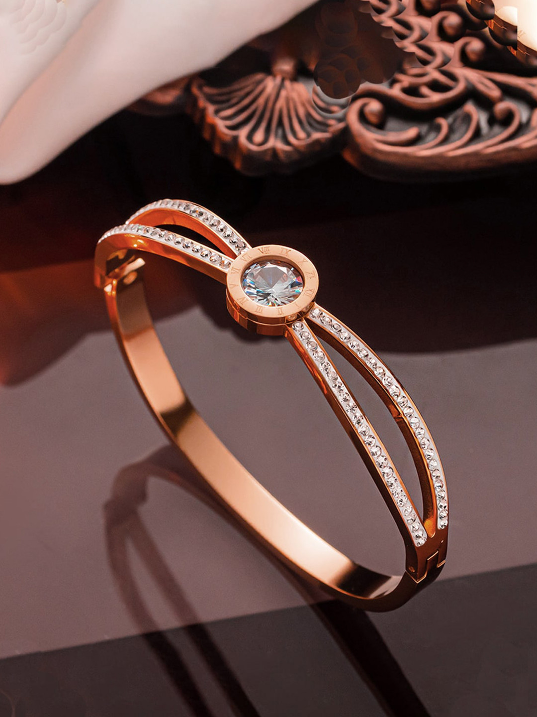 Designs & You Rose Gold-Plated Roman Numerals AD-Studded Bangle-Style Bracelet