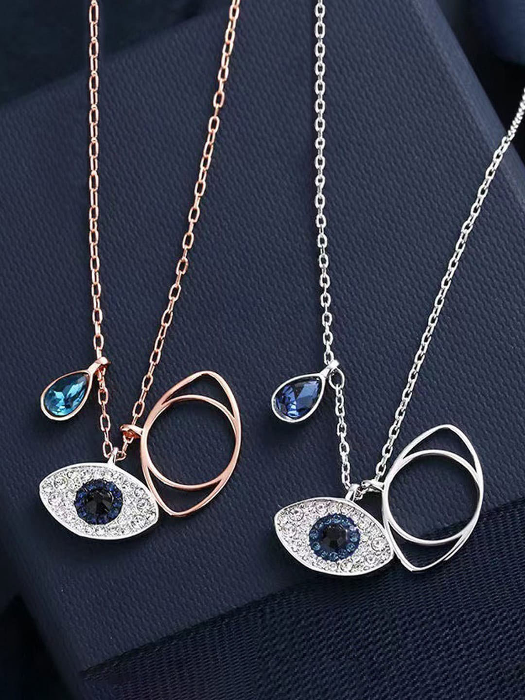Designs & You Set Of 2 Rose Gold-Plated & Silver-Plated AD-Studded Evil Eye Pendants