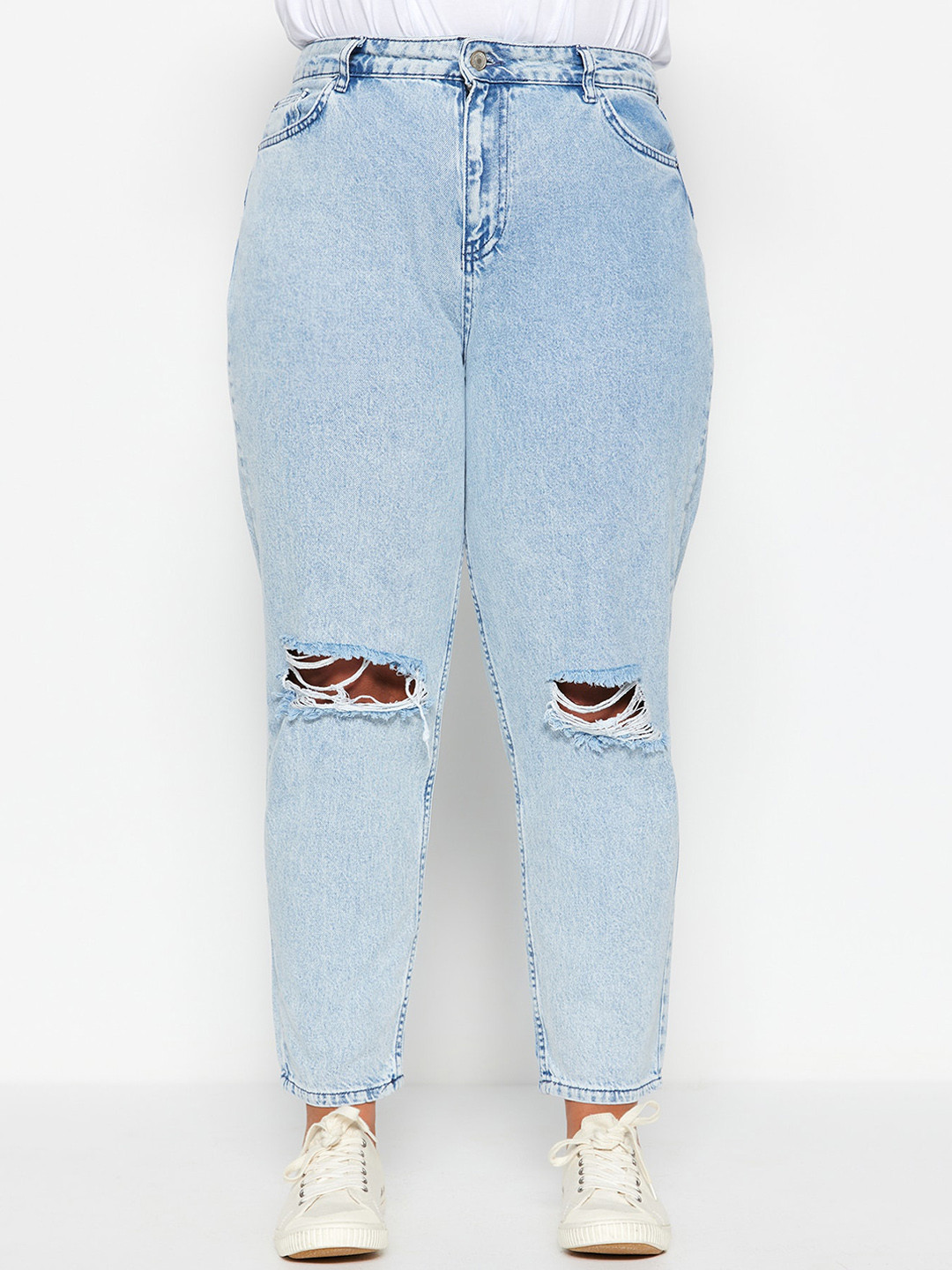 Trendyol Women Plus Size Mid-Rise Slash Knee Light Fade Cotton Jeans