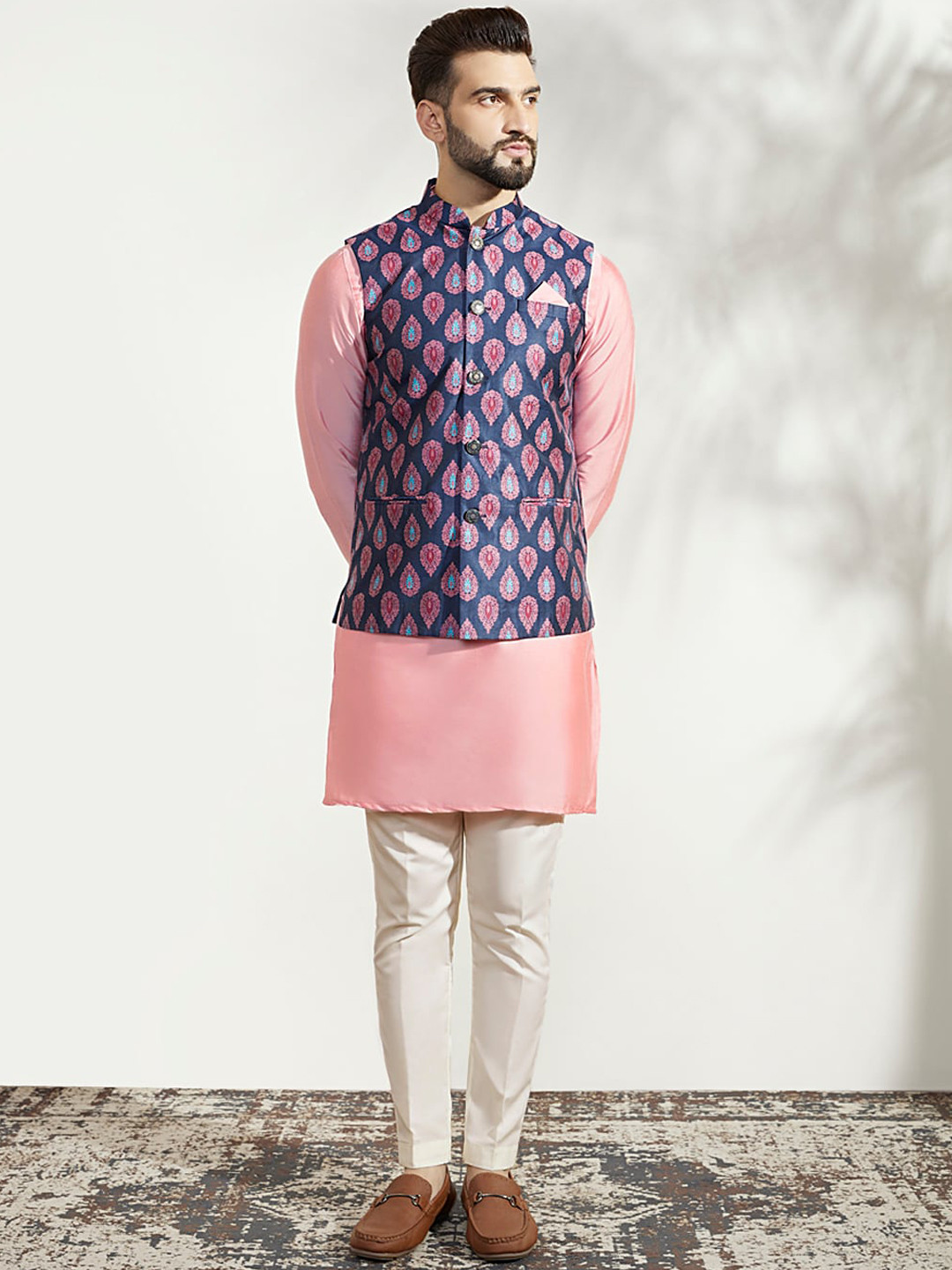 KISAH Mandarin Collar Long Sleeves Kurta With Trousers & Nehru Jacket