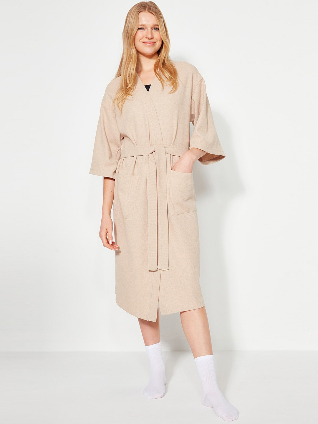 Trendyol Beige Solid Polycotton Drawstring Maxi Bath Robe