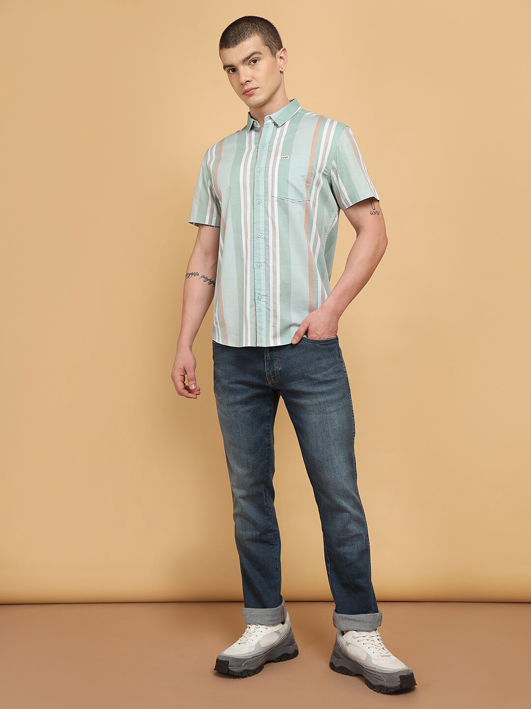 Wrangler Men Green Opaque Striped Casual Shirt