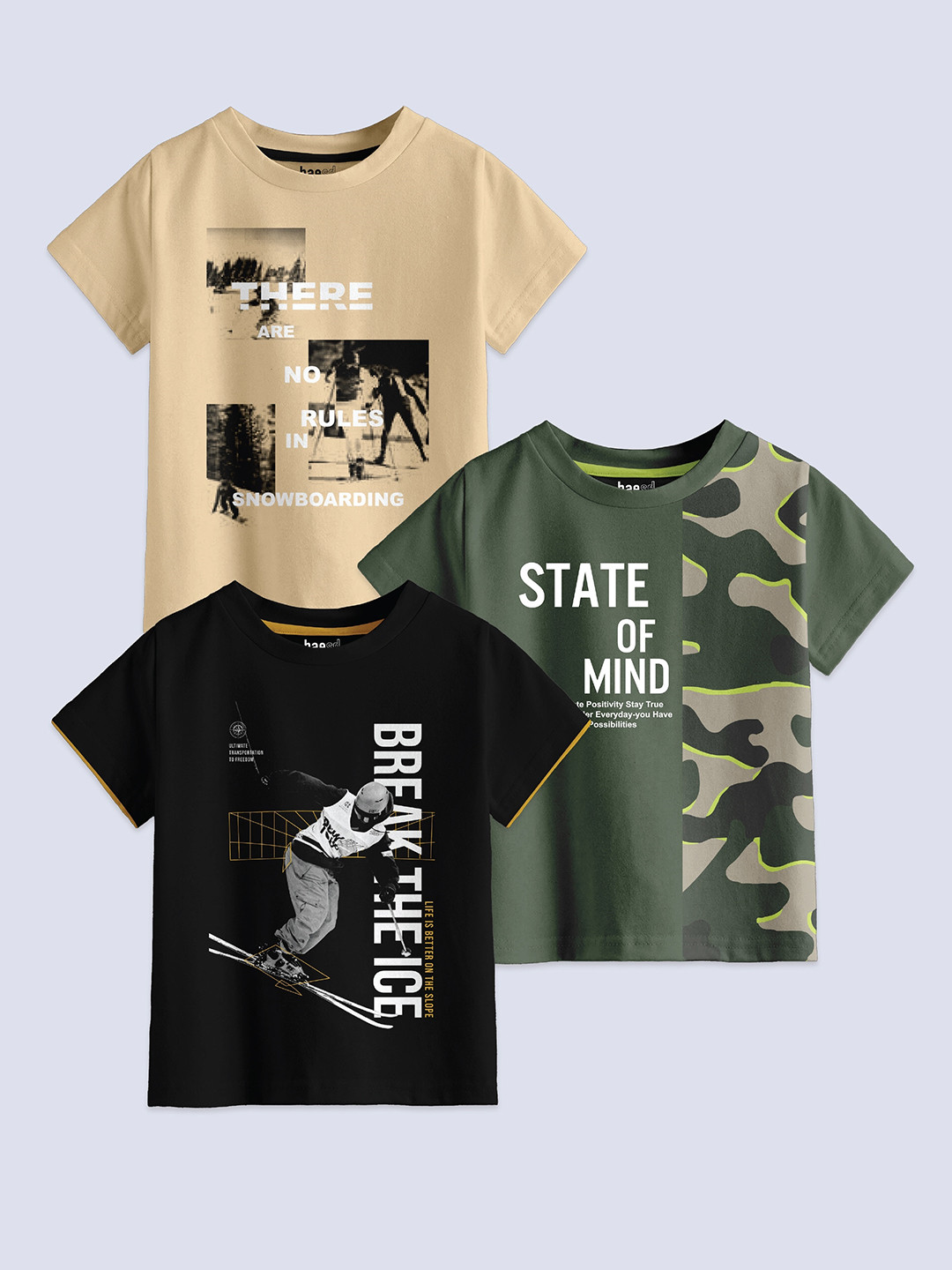 BAESD Boys Pack Of 3 Typography Printed Pure Cotton T-shirt