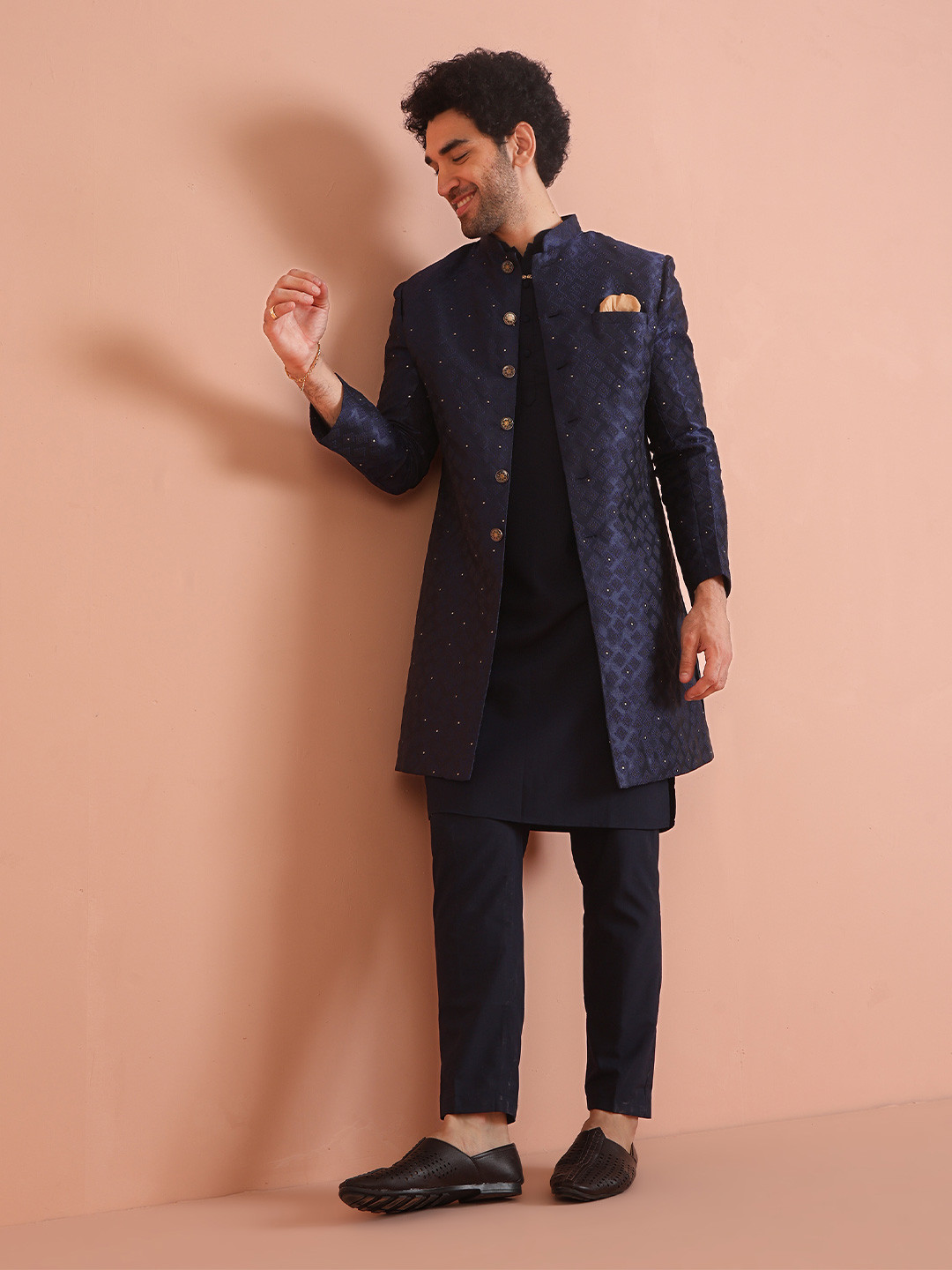 KISAH Men Self-Design Khari Print Kurta With Indowestern Sherwani & Trouser