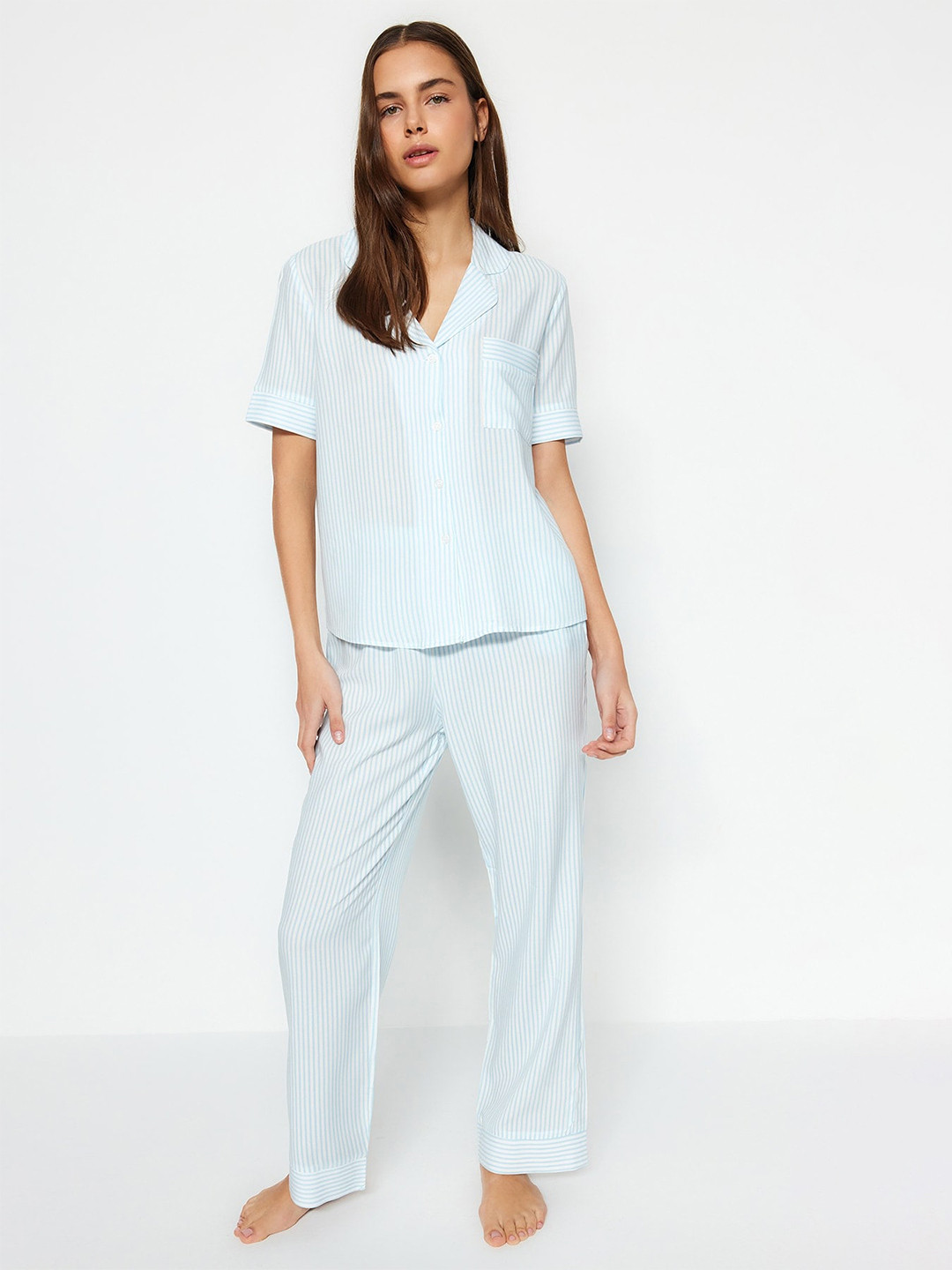 Trendyol Striped Notched Lapel Short Sleeves Collar Shirt & Pyjamas