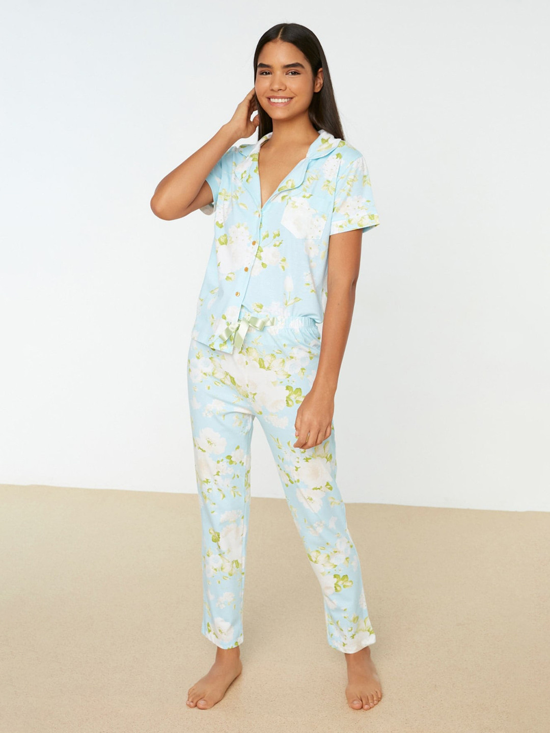 Trendyol Floral Printed Notch Lapel Collar Pure Cotton Night suit