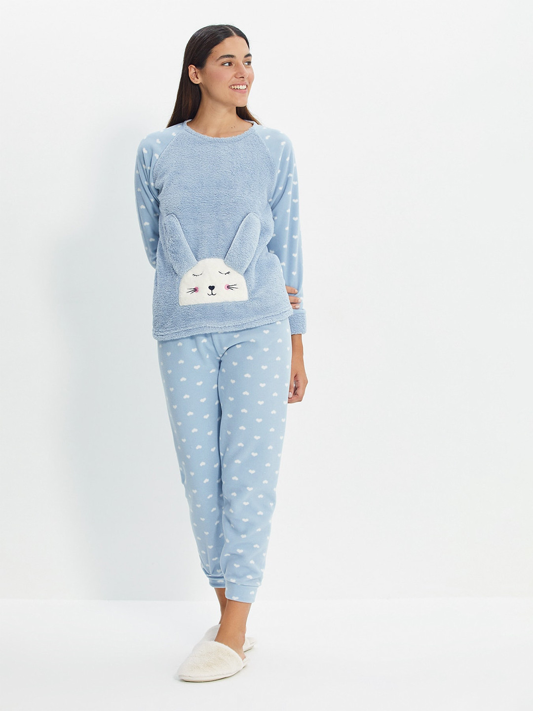 Trendyol Conversational Printed Round Neck Long Sleeves Fuzzy Textured T-shirt & Pyjamas