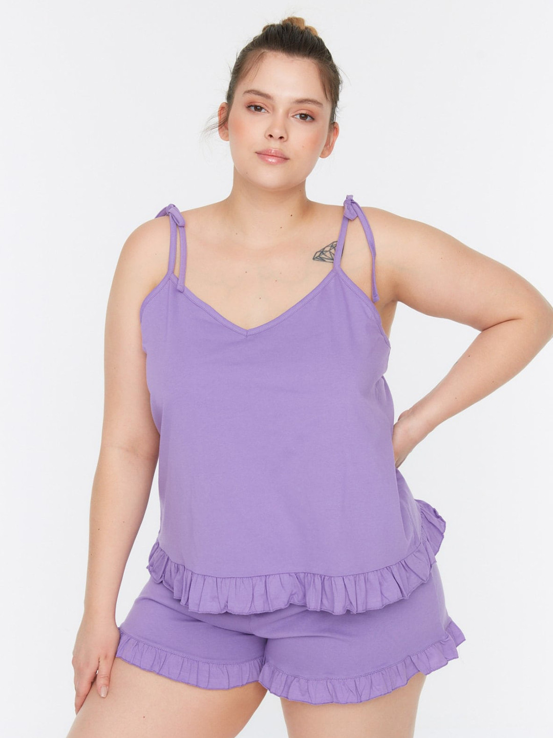 Trendyol Plus Size Shoulder Strap Neck Pure Cotton Top And Shorts