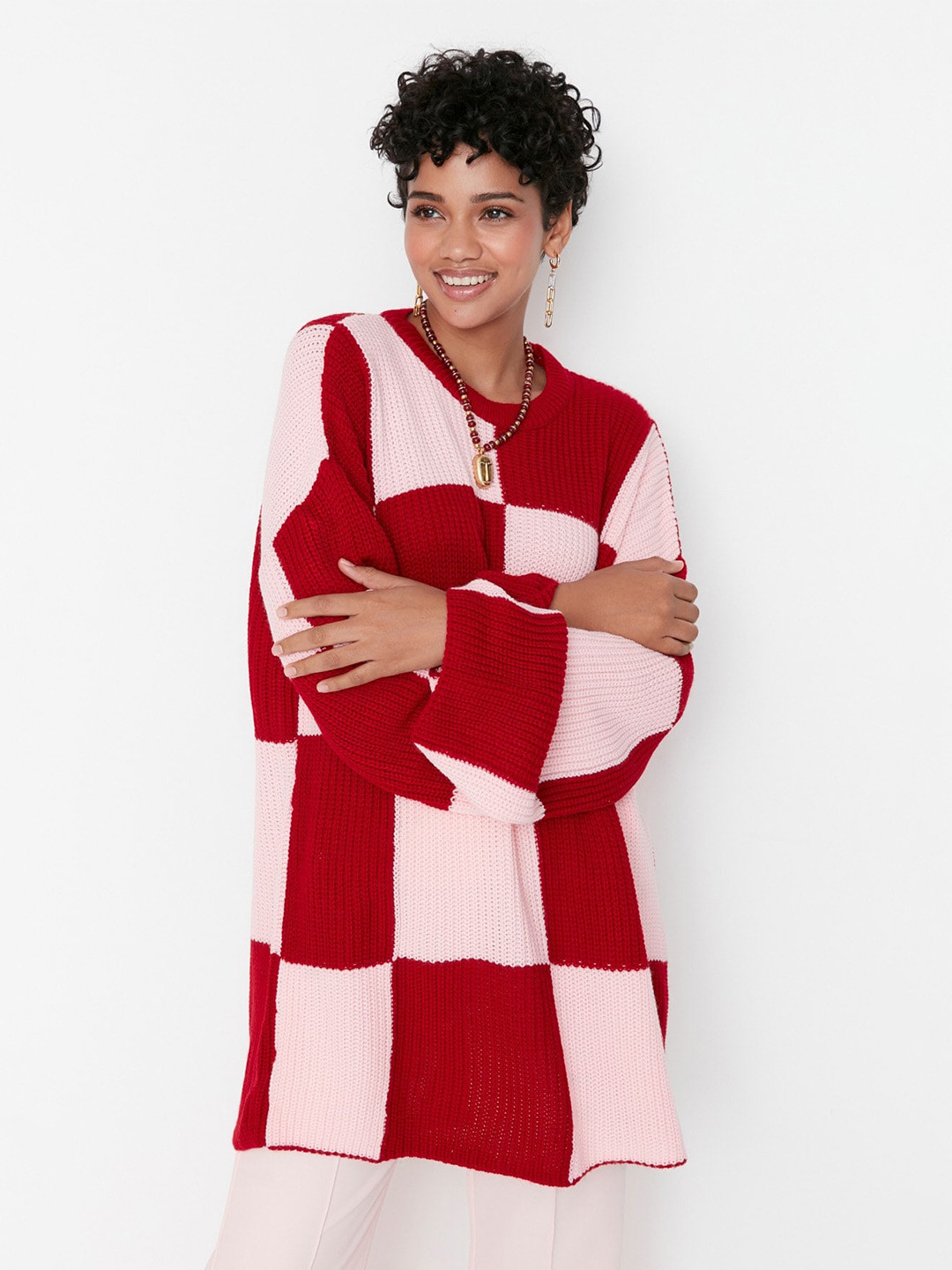 Trendyol Checked Cable Knit Longline Acrylic Pullover Sweater