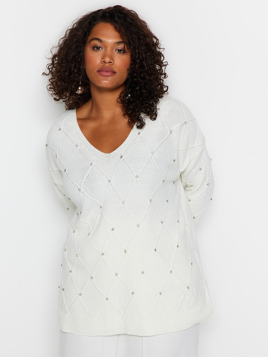 Trendyol Embellished Cable Knit V-Neck Pure Acrylic Pullover