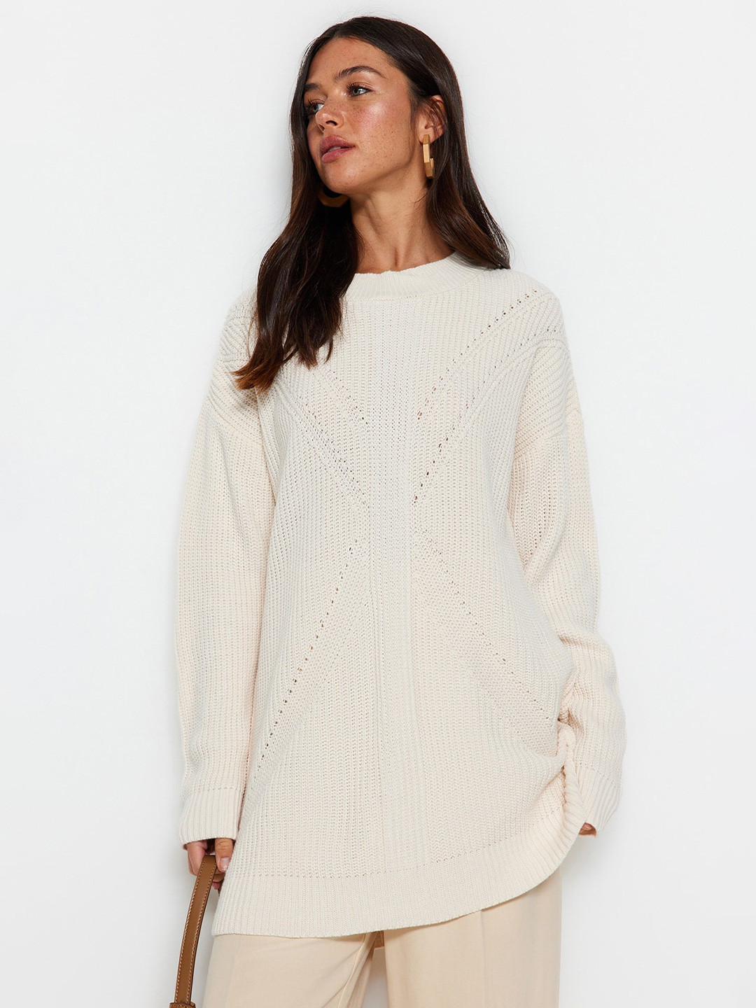 Trendyol Ribbed & Open Knit Self Design Longline Acrylic Pullover Sweater