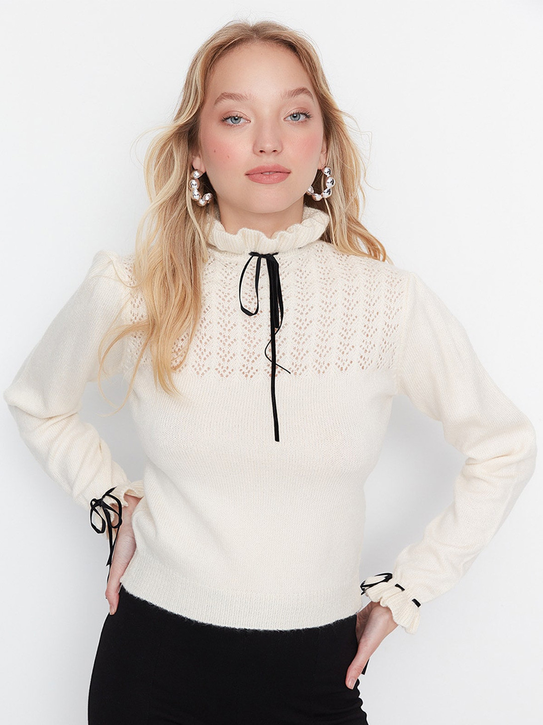 Trendyol Open Knit Self Design Mock Neck Tie-Up Pullover