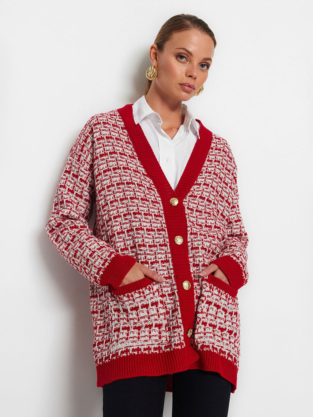 Trendyol Checked V-Neck Longline Cardigan