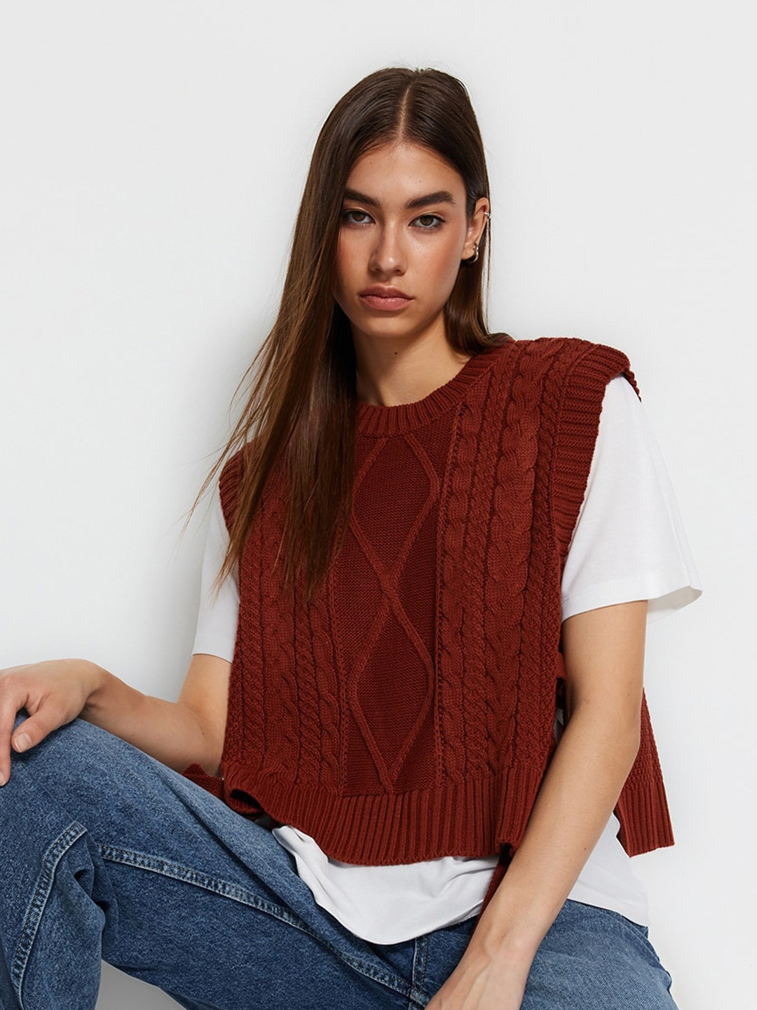 Trendyol Cable Knit Crop Tie Up Acrylic Sweater Vest