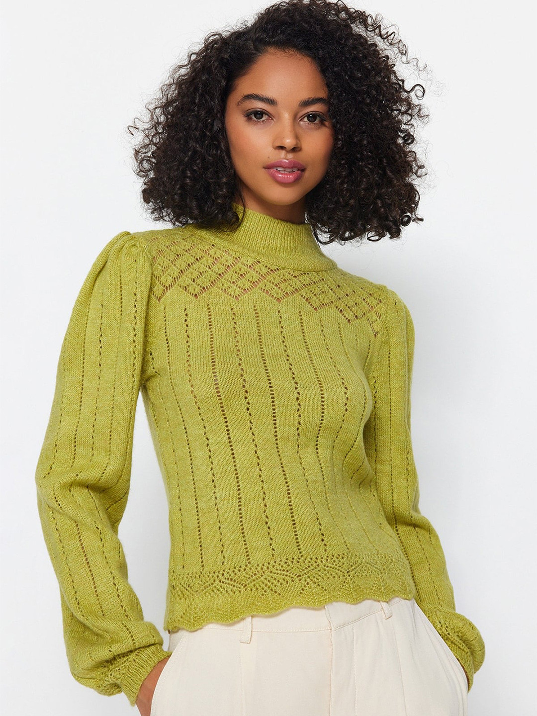Trendyol Self Design Open Knit Mock Collar Pullover