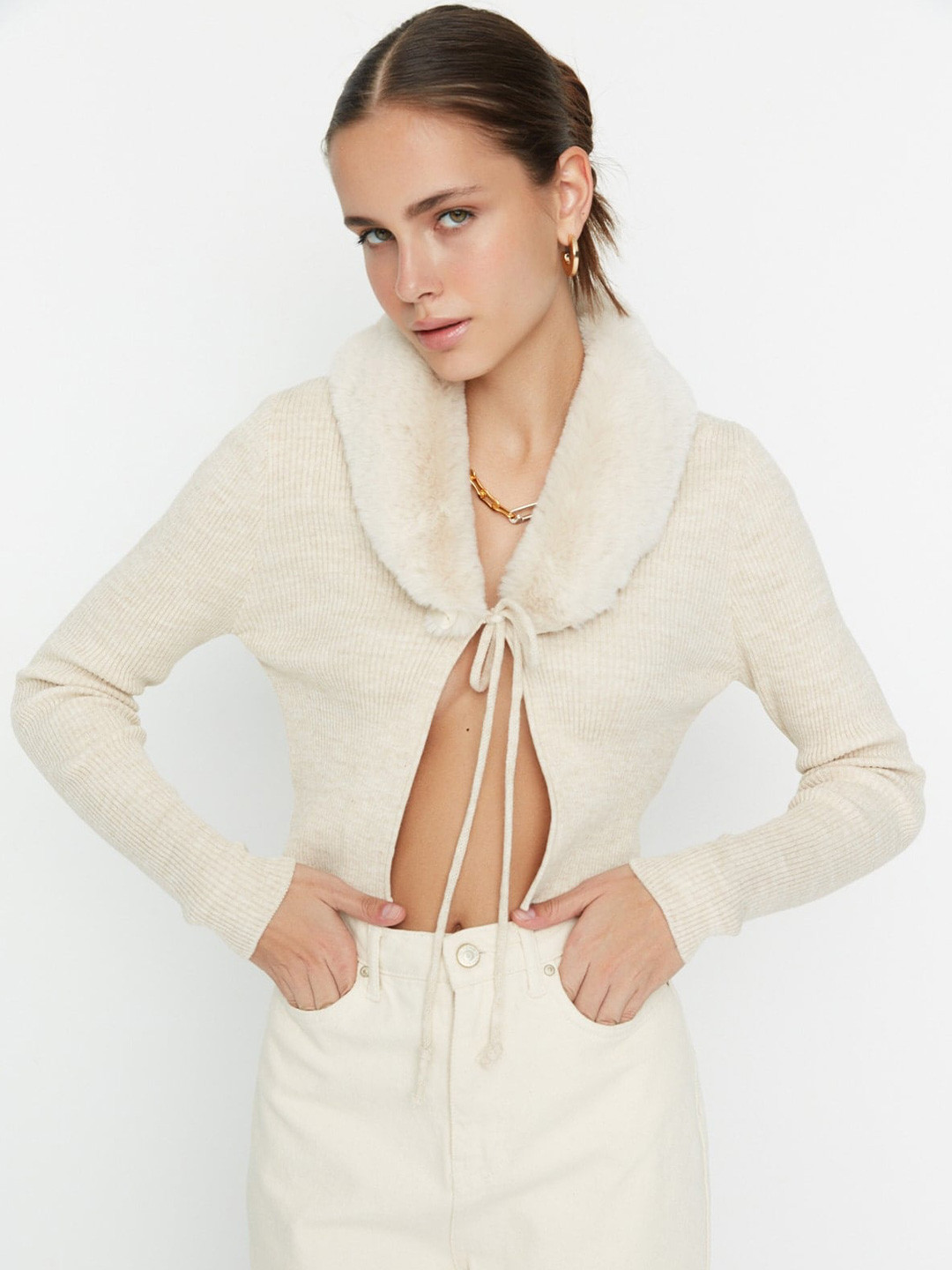 Trendyol Ribbed Shawl Collar Crop Front-Open Sweater
